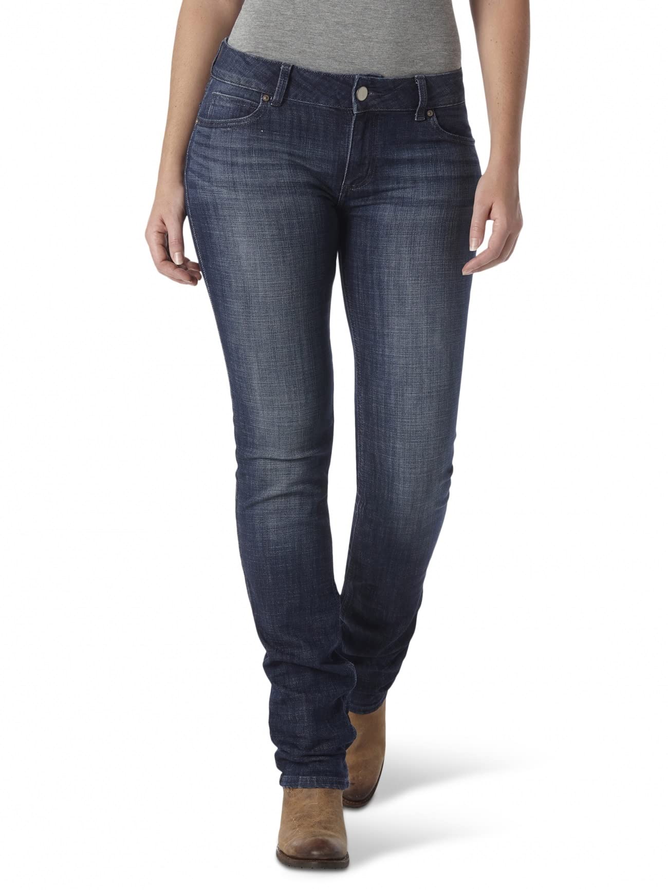 Wrangler Womens Western Mid Rise Stretch Straight Leg Jeans, Dark Stone, 3 1 US