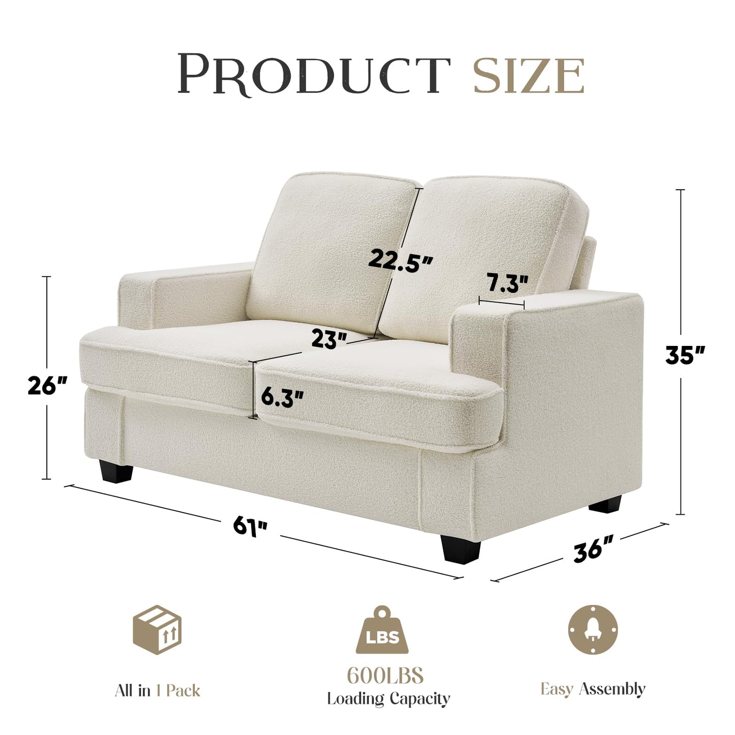 Couches for Living Room, 61” Cloud Couch in Soft Teddy Fleece, Removable Cover, Easy Assembly, Modern Sofa for Living Room/Bedroom/Office/Apartment, Beige