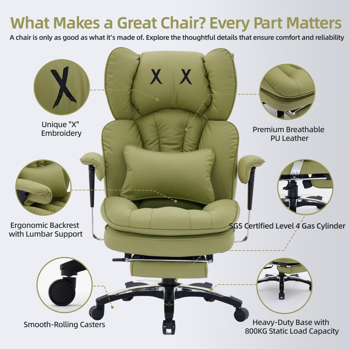 Efomao Big and Tall Office Chair with Footrest – High Back Computer Chair with Adjustable Armrests，Executive Office Chair with Wide Seat, Modern Desk Chair for Home Office, Gaming, or Study, Green