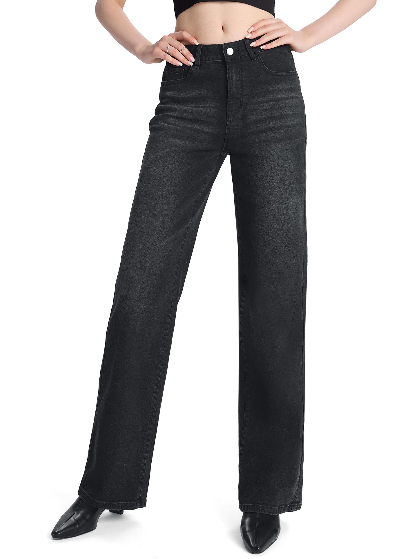 SEVEGO Women's 32"/34"/36" Tall Straight Leg Jeans Mid Waisted Stretchy Loose Denim Pants Casual Baggy Jean Trousers 36'', Black, XL