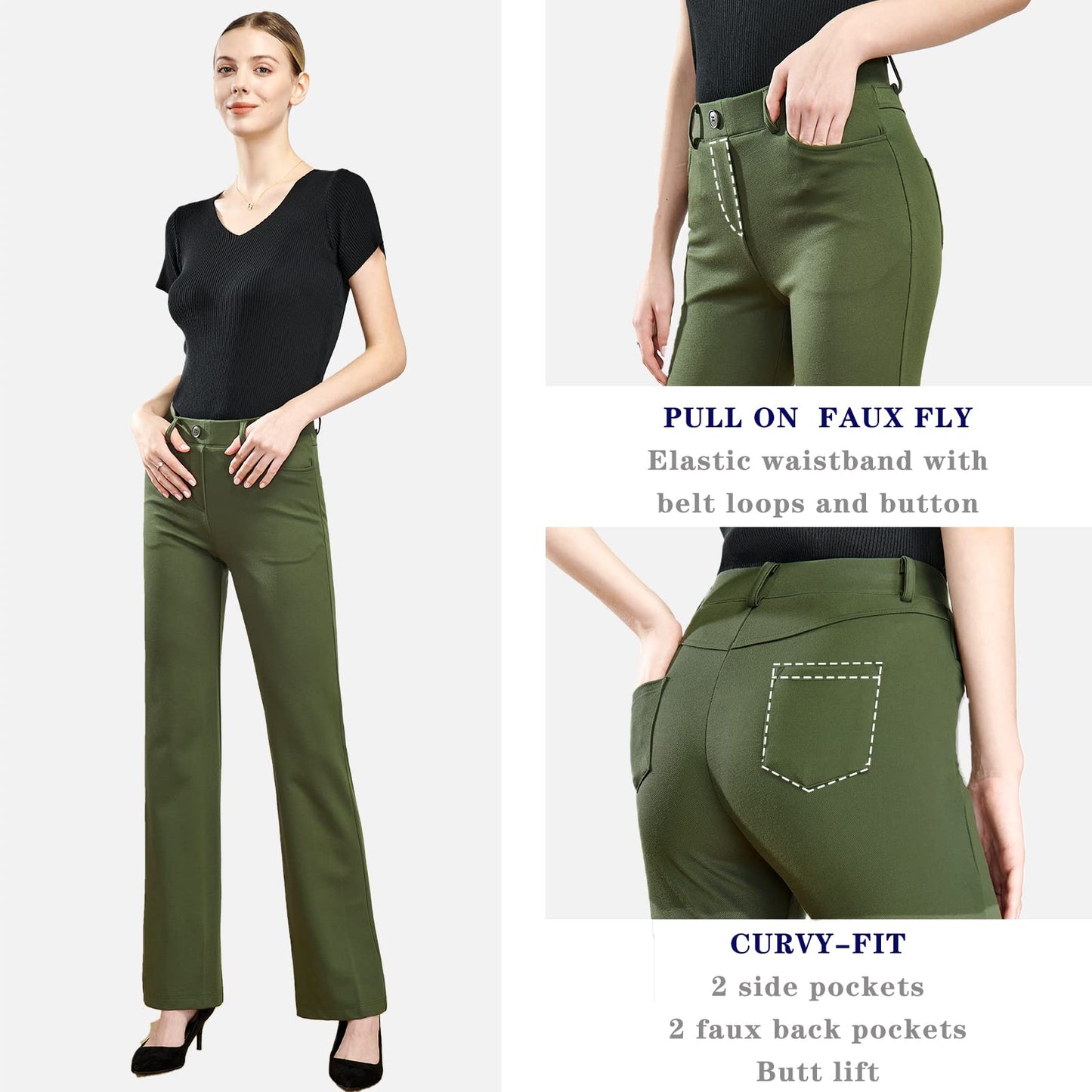 Tapata Women's 28''/30''/32''/34'' Stretchy Bootcut Dress Pants with Pockets Tall, Petite, Regular for Office Work Business 34",Olive,XXL