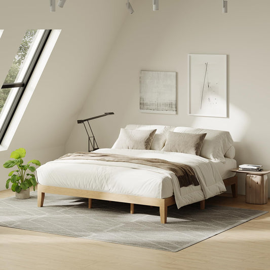 Cal King Size Wood Platform Bed Frame, 12 Inch Solid Wood Bed Frame with Wooden Slats, No Box Spring Needed, Easy Assembly, Rustic Pine