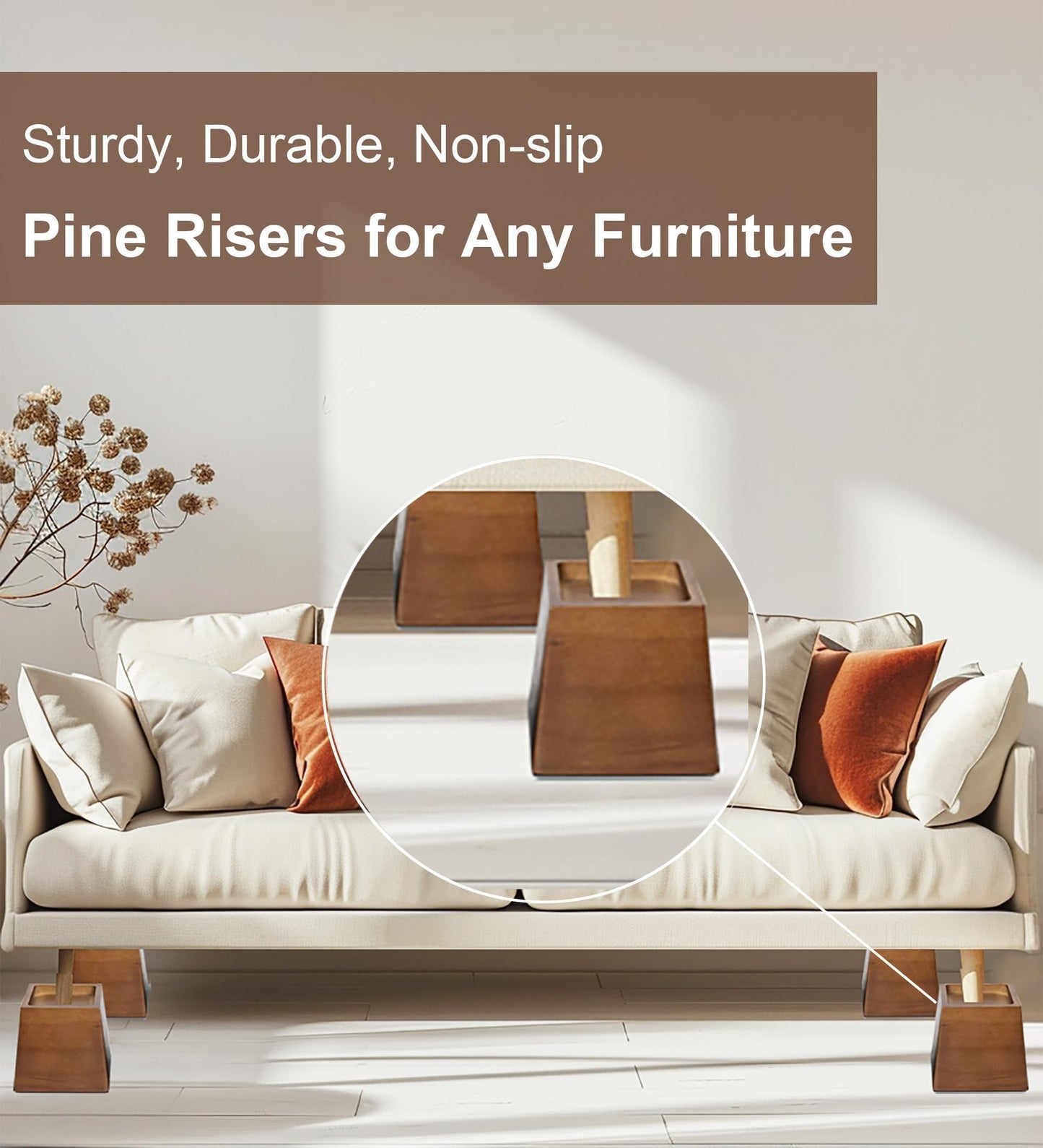 Lufia Wood Bed Risers 4 Inch, Premium Pine Furniture Risers - Sturdy, Stylish and Space Saving 4" Bed Lift for Sofa, Desk and More - 4-Pack (Brown Wood, 4 Inch)