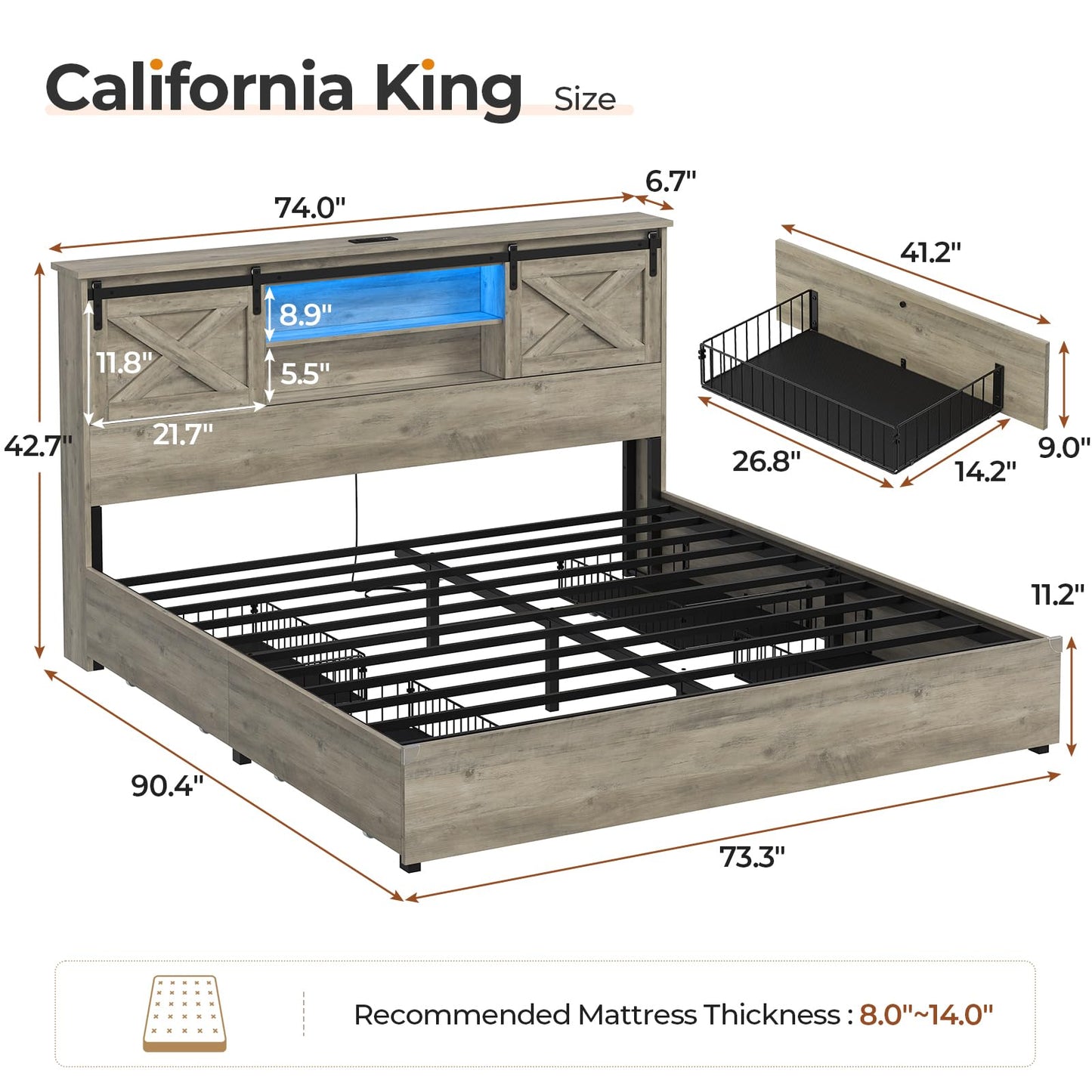 Hasuit Farmhouse Bed Frame California King Size with 4 Storage Drawers, Wooden Platform Cal King Beds with Charging Station and LED Lights, Rustic Bed with Storage Headboard and Sliding Barn Door