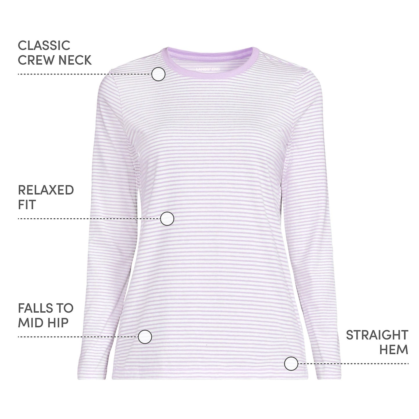 Lands' End Womens Long Sleeve Relaxed Supima Cotton Crew Neck T Shirt Lilac Petal/Ivory Micro Stripe Tall Large