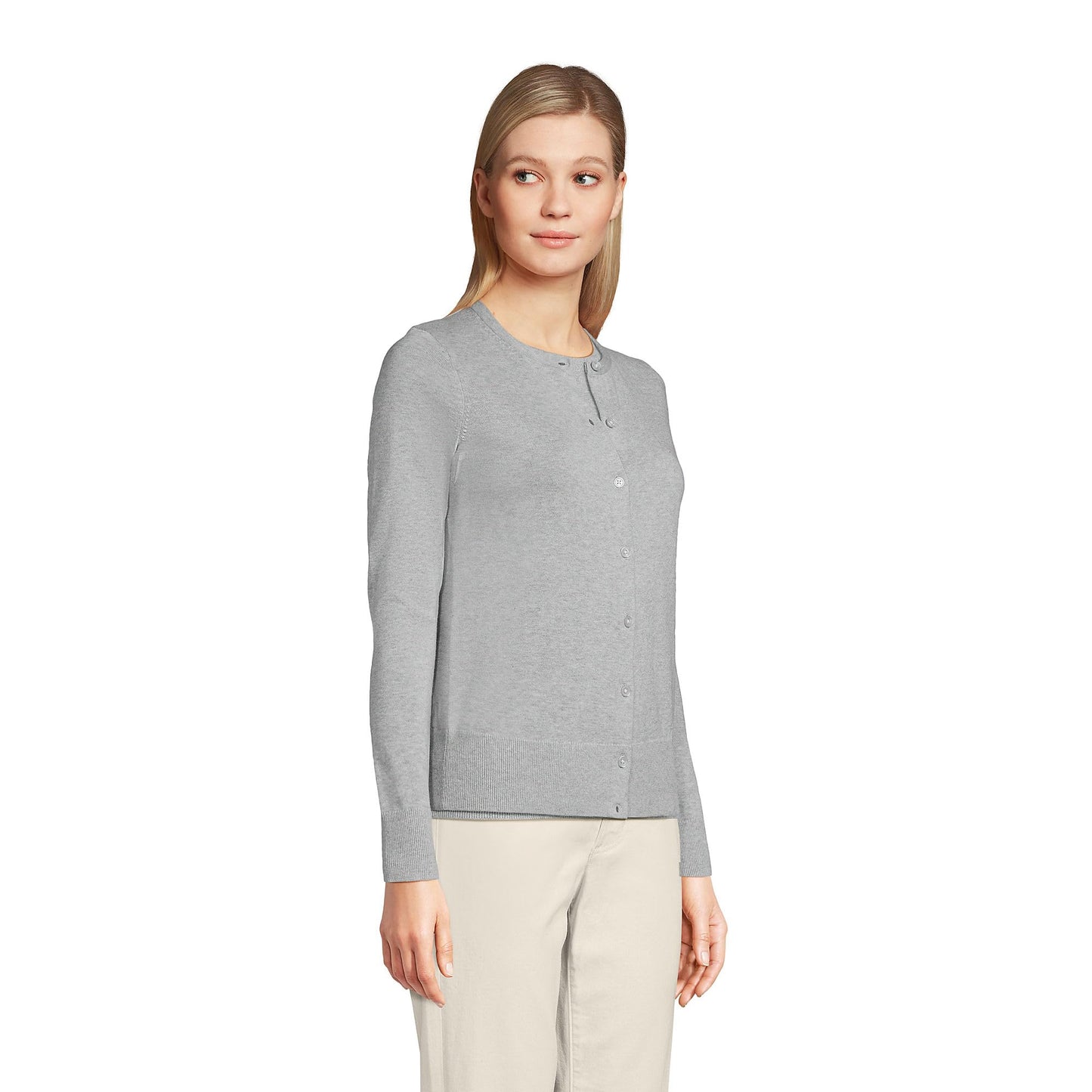 Lands' End Womens FG Cotton Cardigan Sweater Gray Heather Tall Medium