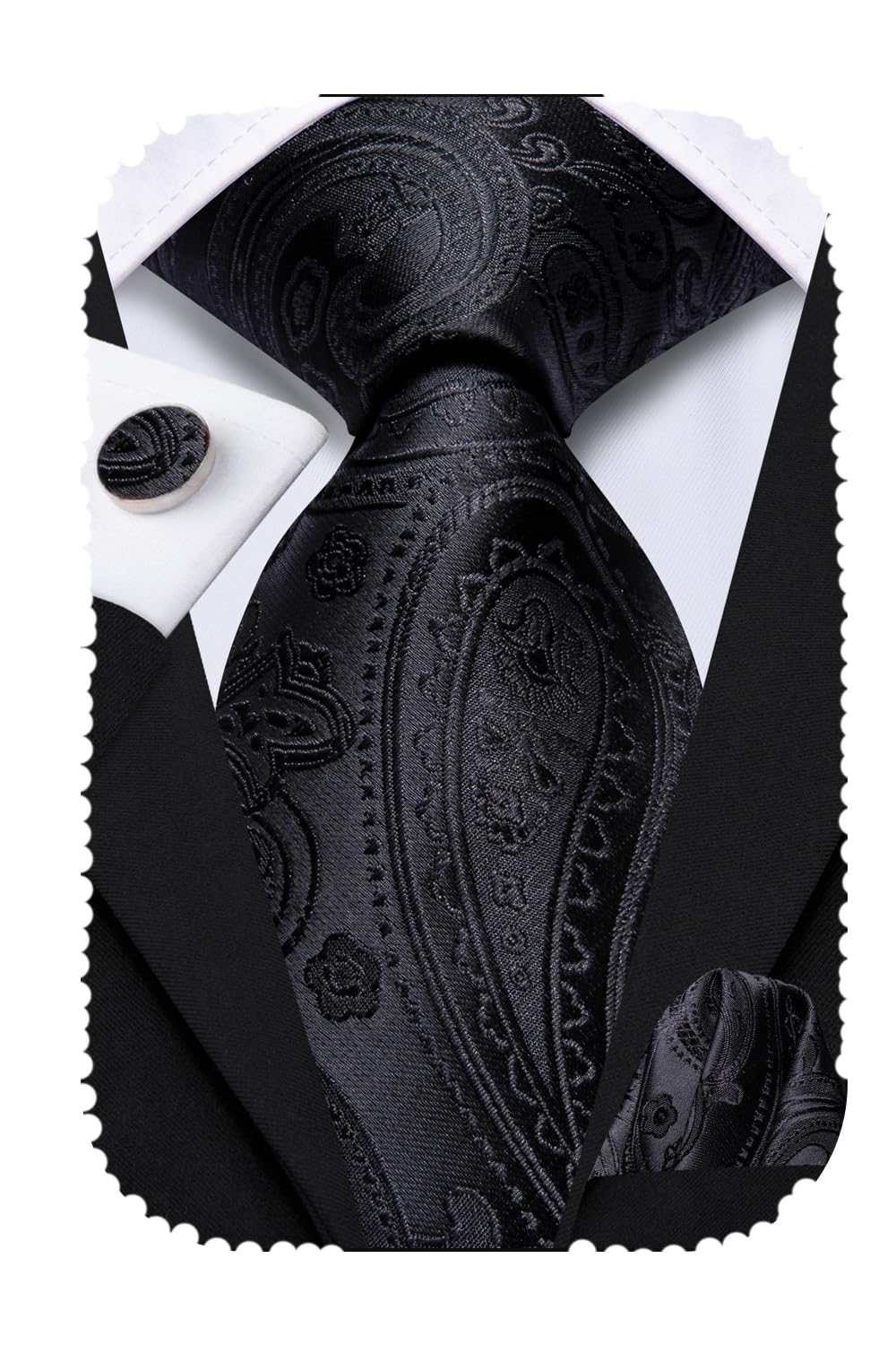 Hi-Tie 70''Black Ties for Men Extra Long Silk Paisley Mens Ties Set Dress Necktie and Pocket Square Cufflink for Funeral