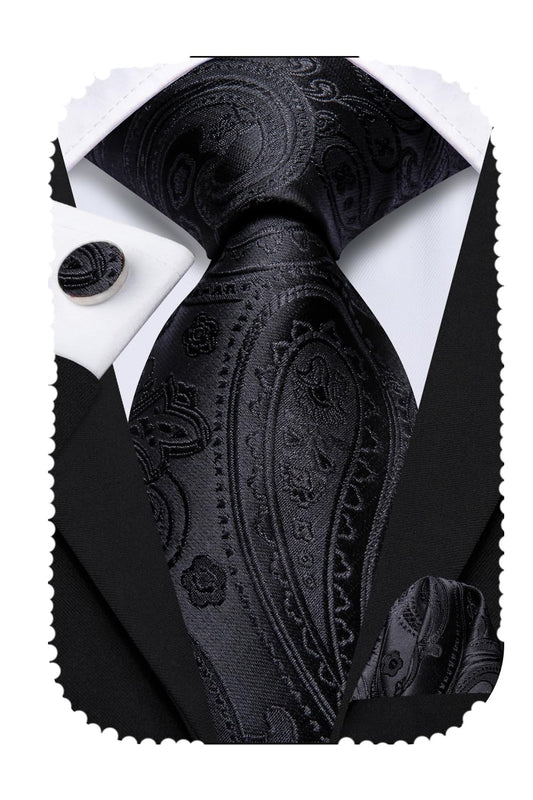 Hi-Tie 70''Black Ties for Men Extra Long Silk Paisley Mens Ties Set Dress Necktie and Pocket Square Cufflink for Funeral