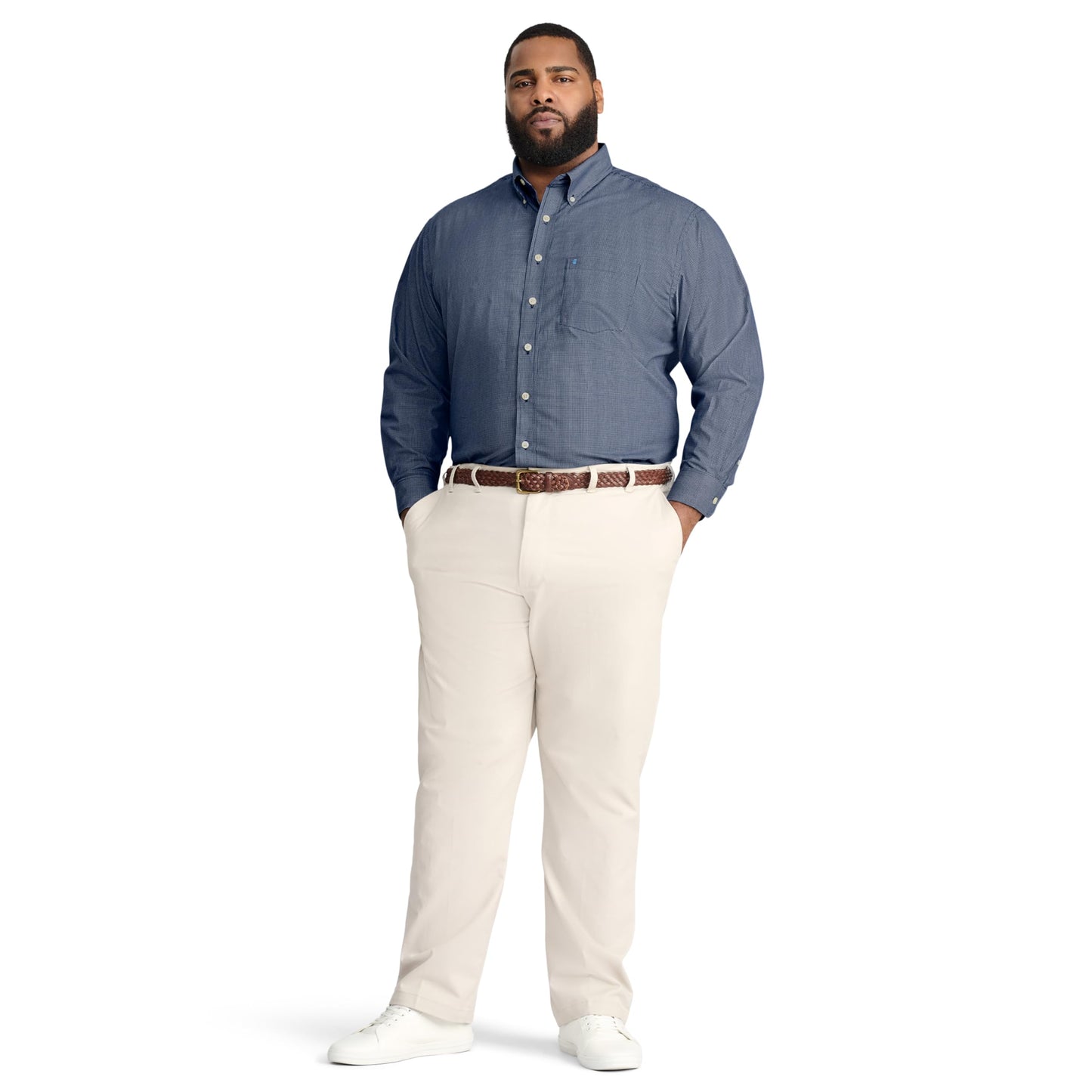 IZOD Men's Big and Tall Performance Comfort Long Sleeve Gingham Button Down Shirt, Estate Blue