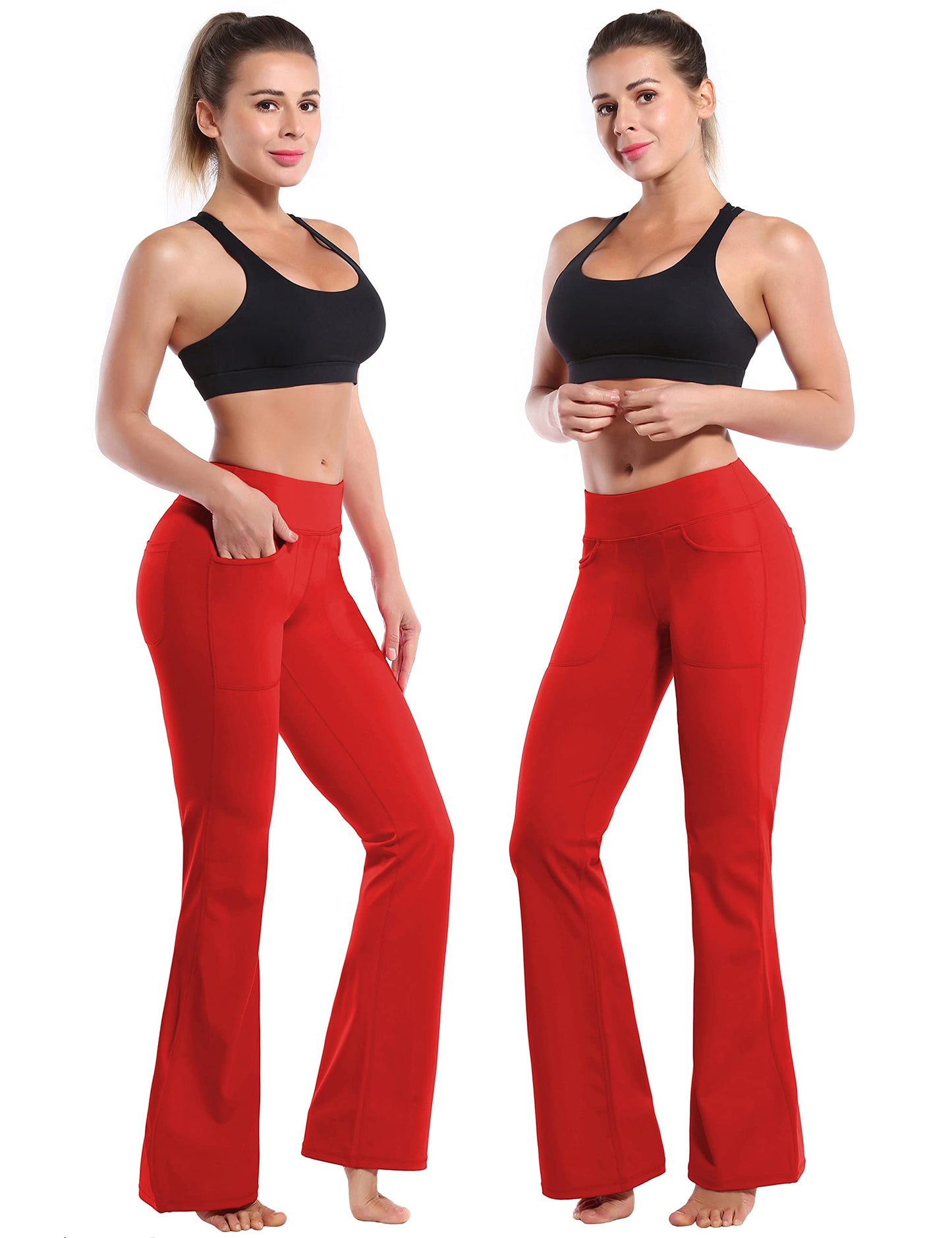 BUBBLELIME 29"/31"/33"/35" 4 Styles Women's High Waist Bootcut Yoga Pants - Out Pockets_Scarlet M-35 Inseam