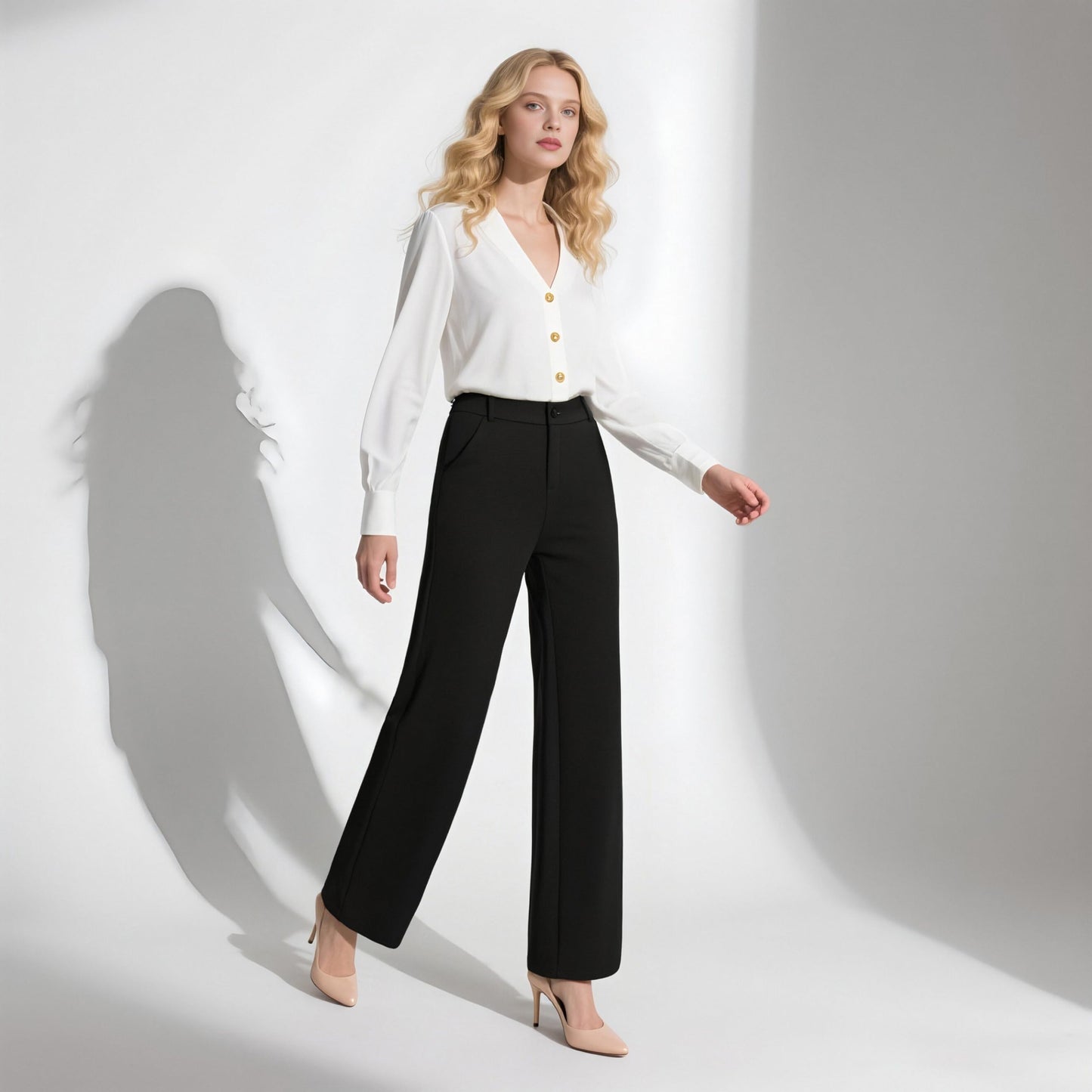 iChosy Womens High Waist Wide Straight Leg Trousers Casual Slacks Dress Pants with Pockets Black 10 Tall