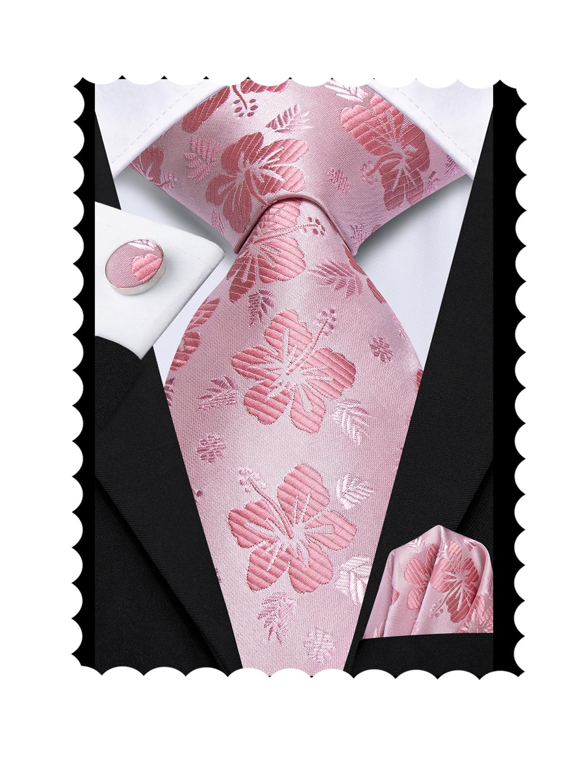 Hi-Tie 70'' Extra Long Ties for Men Silk Pink Mens Long Ties Set Floral Necktie and Pocket Square Cufflink for Wedding