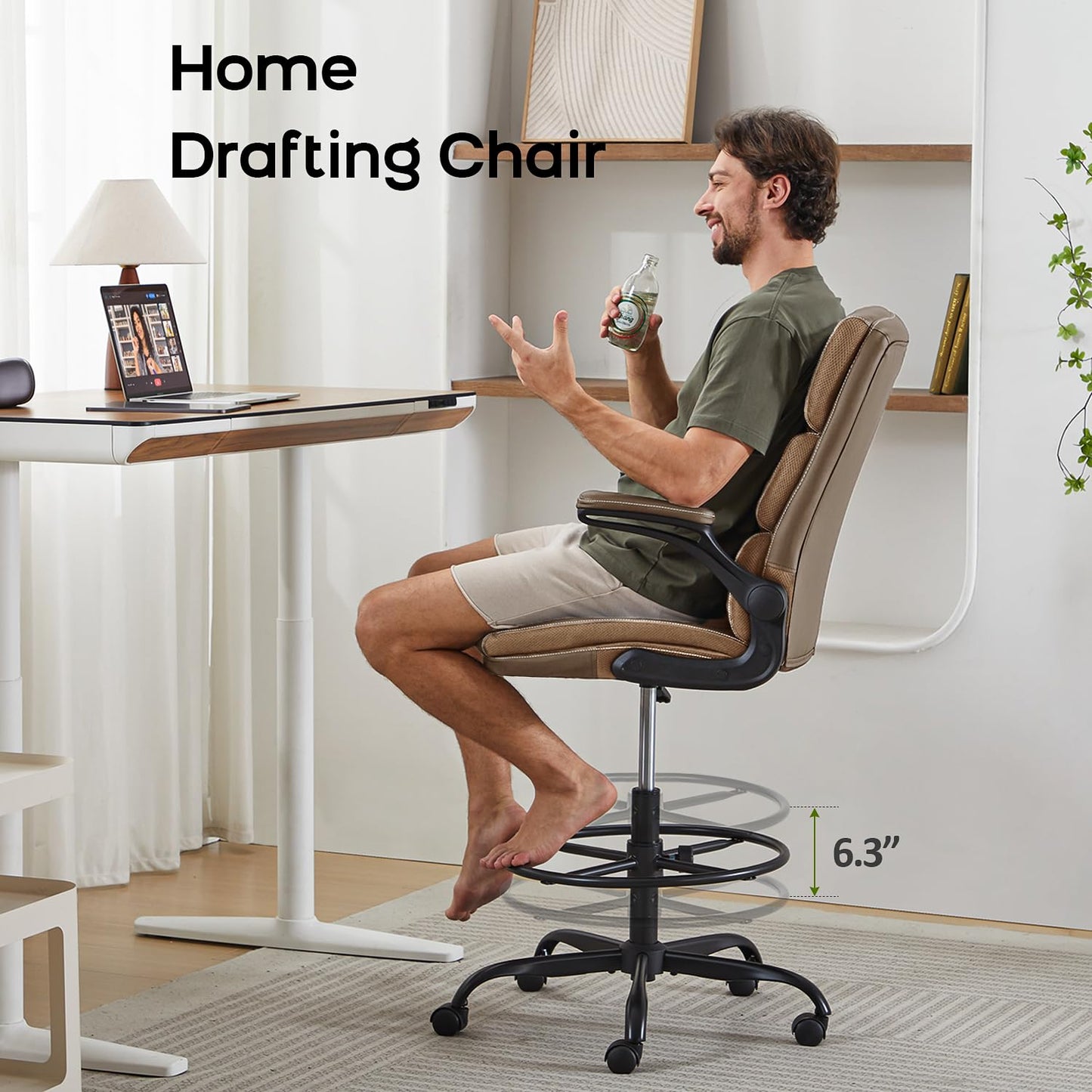 Drafting Chair Tall Office Chair with Padded Flip-up Armrests Executive Ergonomic Computer Standing Desk Chair with Comfortable Leather Backrest and Adjustable Footrest Ring (Tan)