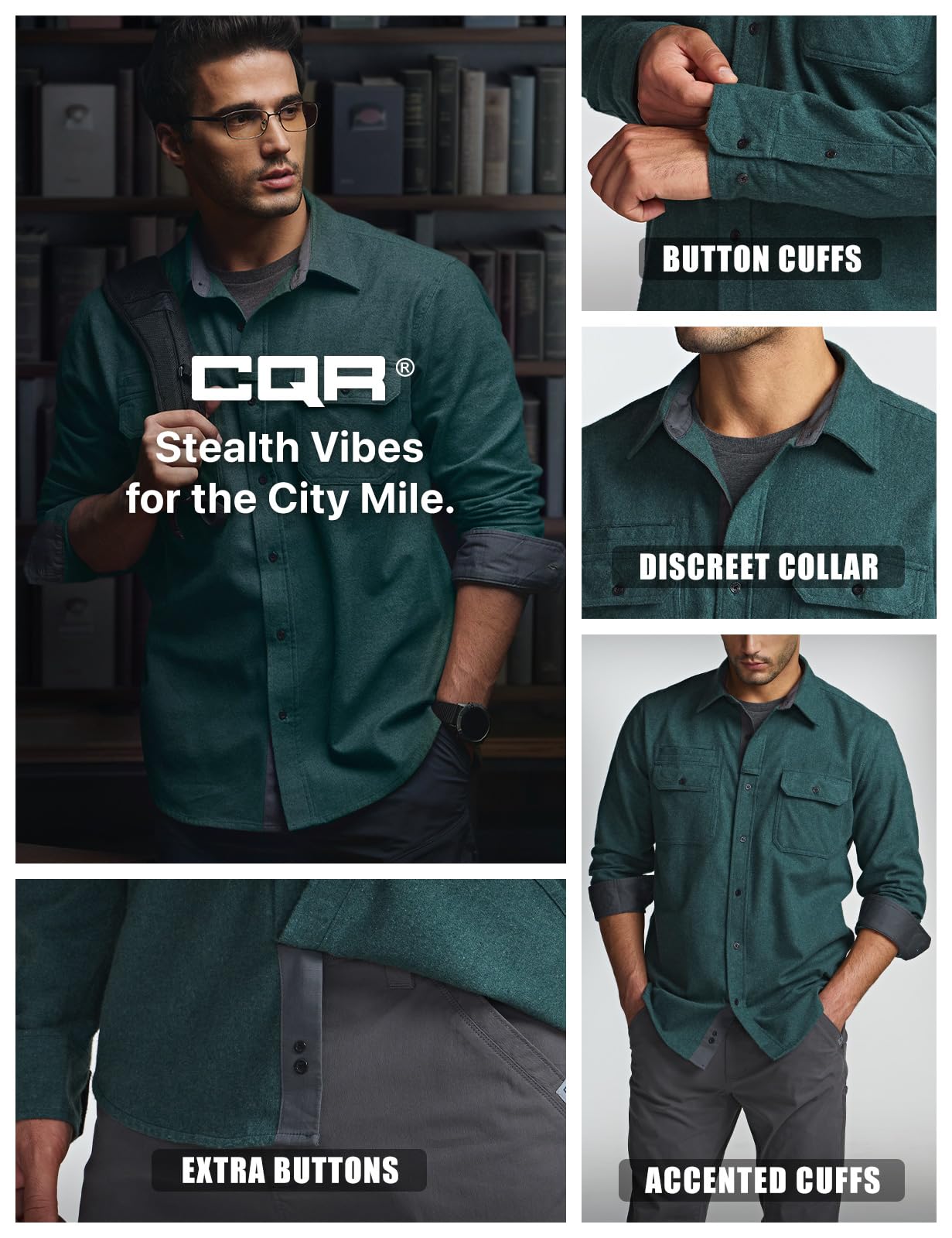 CQR Men's Flannel Button Down Shirts, Soft Cotton Plaid Long Sleeve Tactical Work Shirt, Warm Outdoor Essential with Pocket, Stealth Forest Green, XX-Large Tall