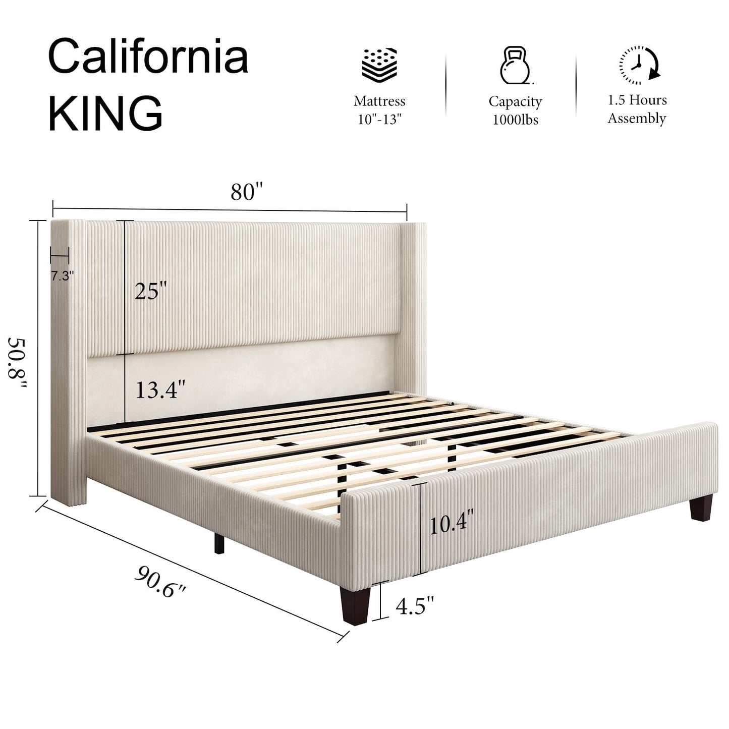 HOWE California King Size Upholstered Platform Bed Frame, Wingback Bed with 50.8" Headboard, Corduroy/Solid Wood Leg/No Box Spring Needed/Noise Free Sturdy Structure/Cream