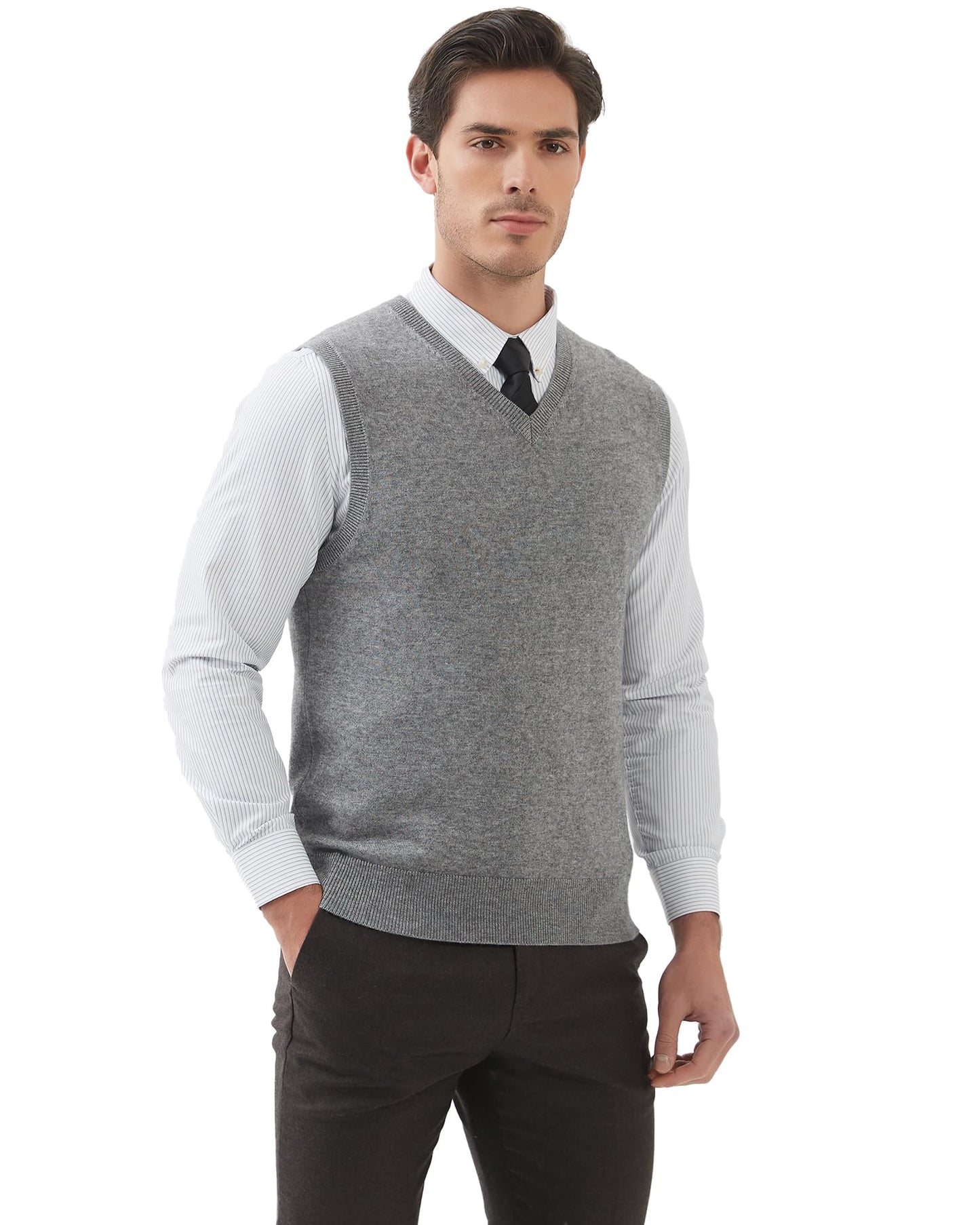 Kallspin Men's Big & Tall Wool Blended Vest Sweater Relaxed Fit V Neck Sleeveless Knitted Pullover (Light Grey L-Tall)