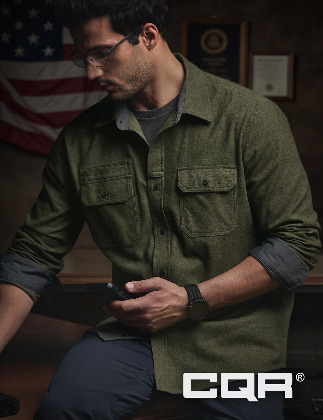 CQR Men's Flannel Button Down Shirts, Soft Cotton Plaid Long Sleeve Tactical Work Shirt, Warm Outdoor Essential with Pocket, Stealth Hunter Green, 3X-Large Tall