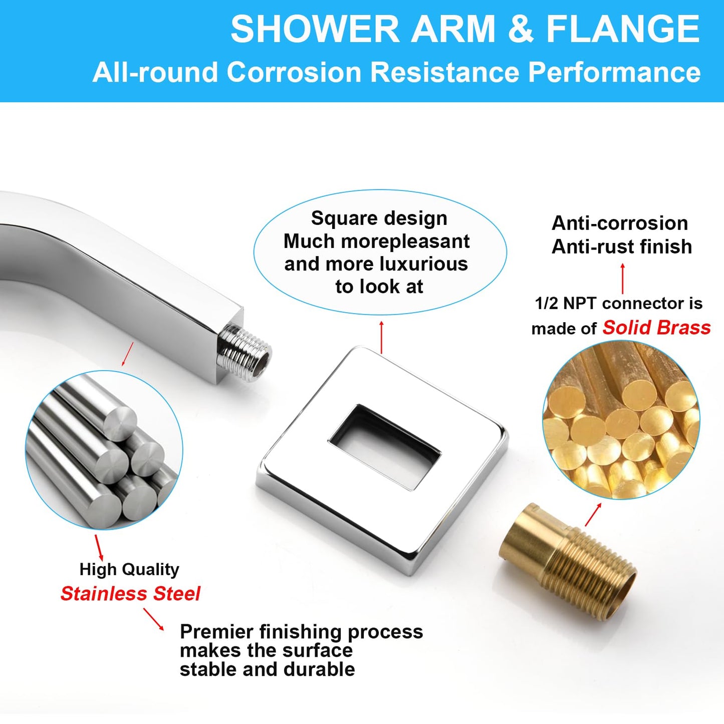 Square Shower Head Extension Arm with Flange 16.5 Inch Extra Long S Shaped Shower Head Riser Pipe, Uvish Stainless Steel High Rise Goose Neck Shower Extender, Standard 1/2" Connection, White