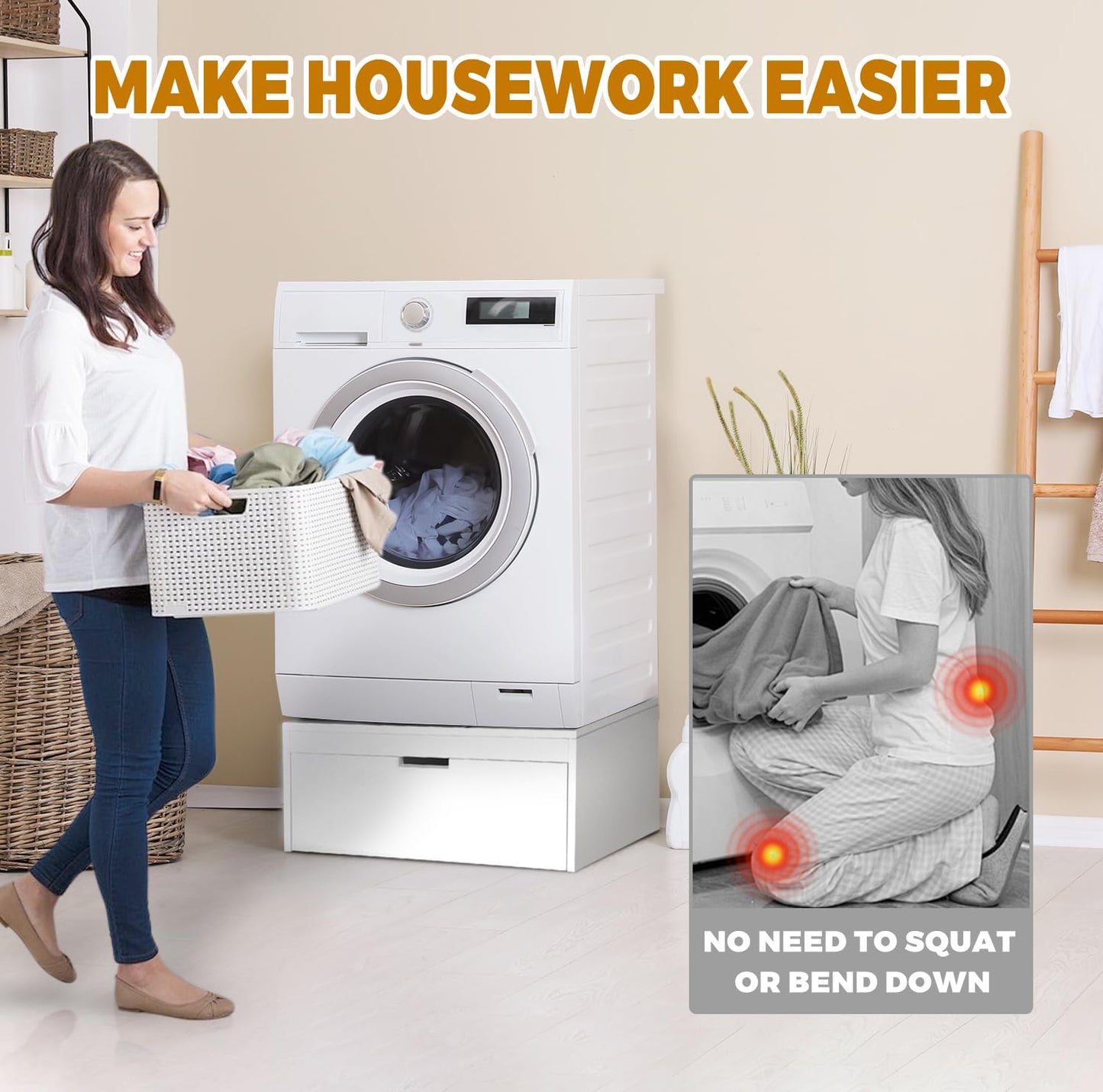 LYASIL Laundry Pedestal with Storage Drawer, Heavy Duty Washer Dryer Pedestal 28" Universal Fit Anti-Vibration Washing Machine Riser, 770 LBS Capacity (White)