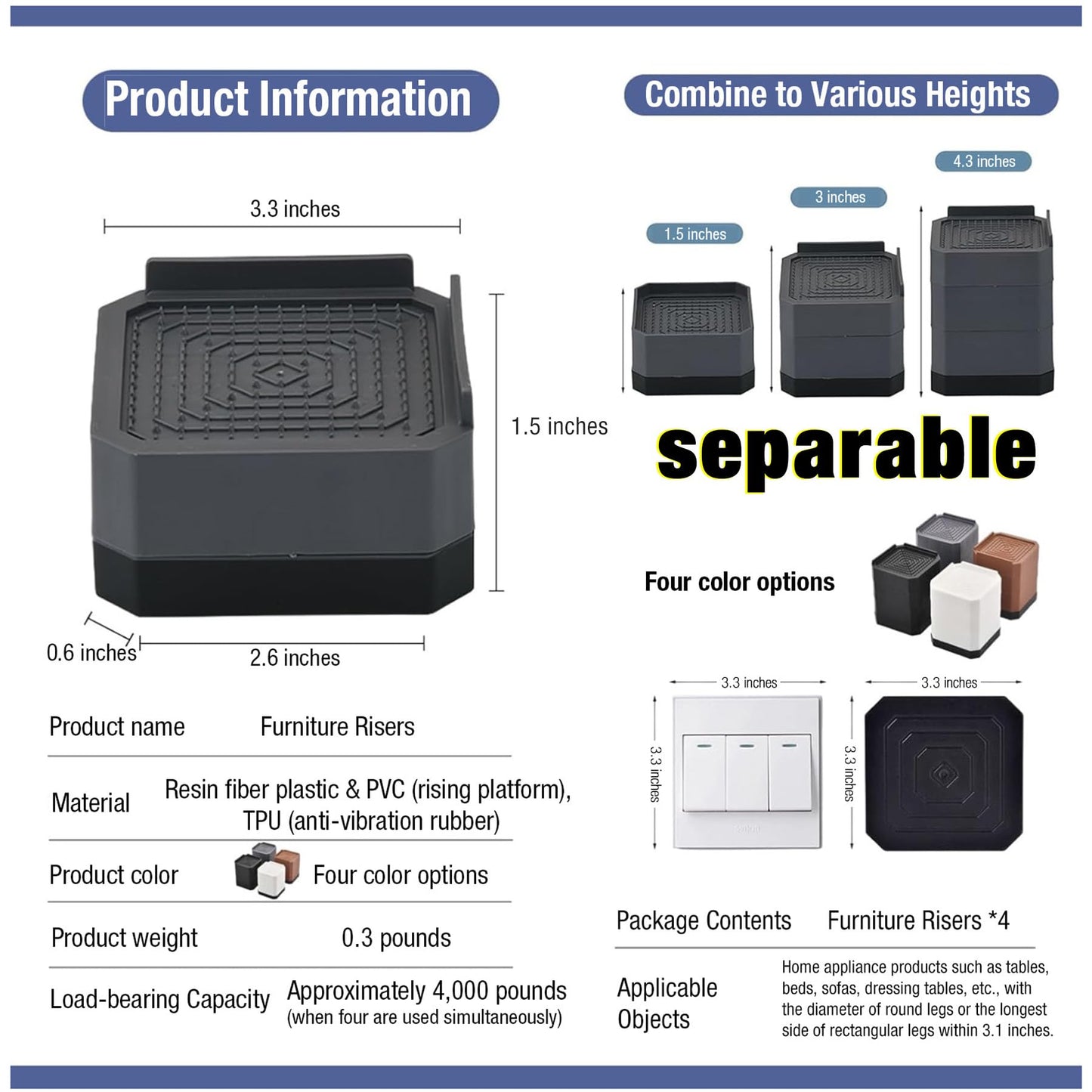 EclatBain Bed Risers Furniture Risers Heavy-Duty Rectangular Adjustable Block Lift to 3 inches and 4.3 inches Desk, Sofa, Chair Legs, Refrigerator, Washing Machine Support up to 4000 pounds