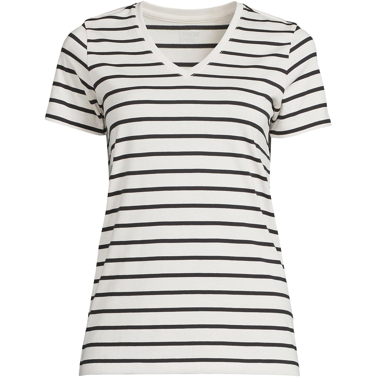 Lands' End Womens SS Relaxed Supima V Neck T Shirt Ivory/Black Breton Stripe Tall Small