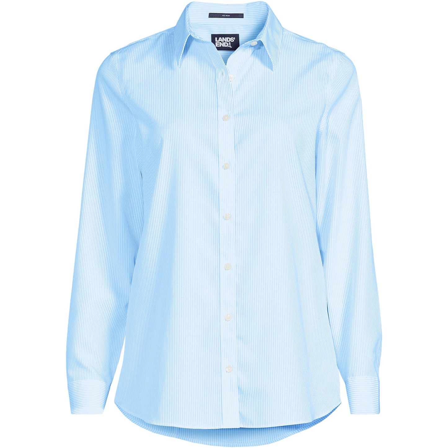 Lands' End Womens LS No Iron Button Front Shirt Bermuda Blue Mini Stripe Tall 14