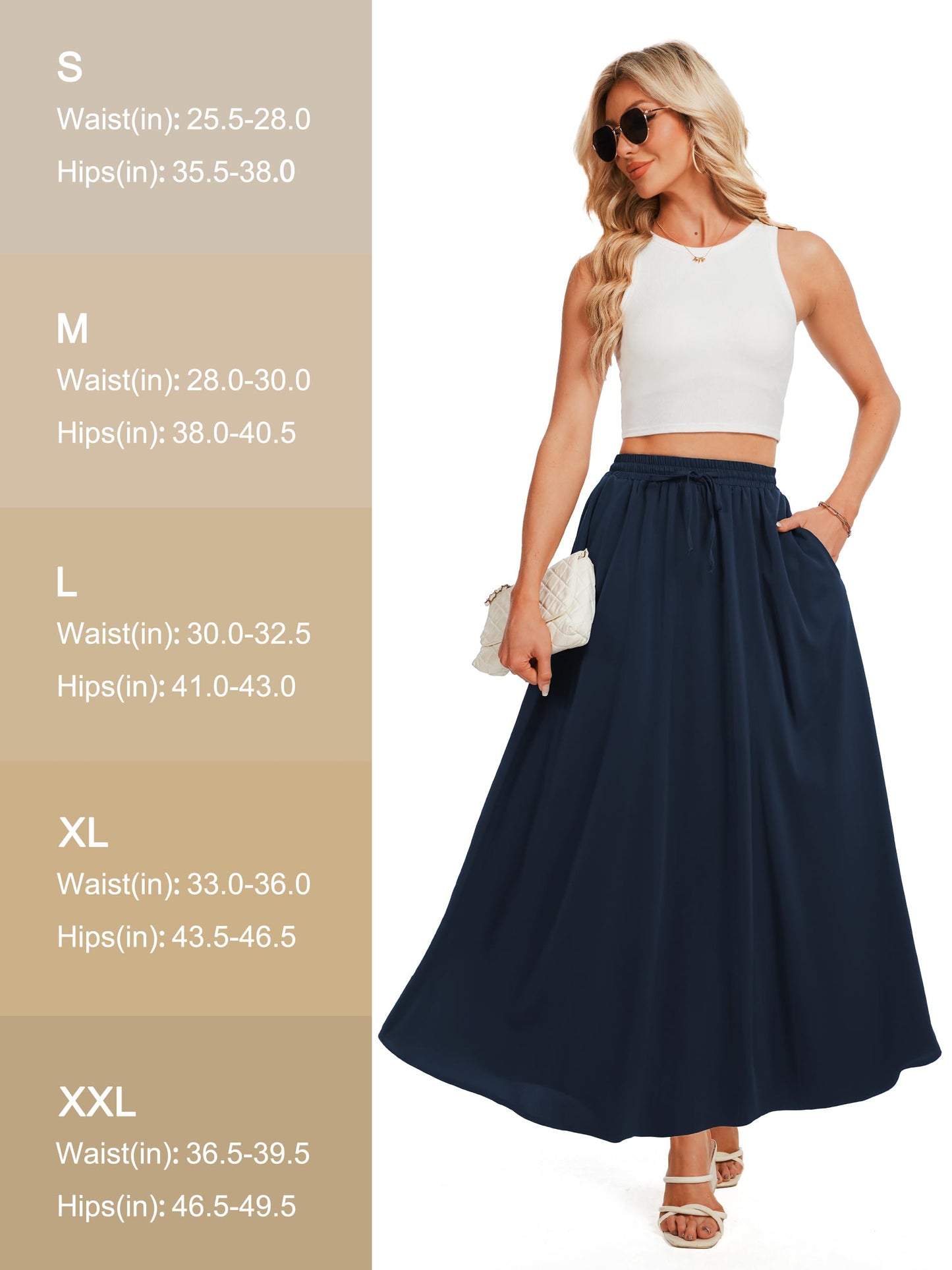 Tapata Tall Womens Flowy Maxi Skirt Extra Long High Waist Elastic Drawstring Summer Pleated Skirts with Pockets, Navy Blue, XXL