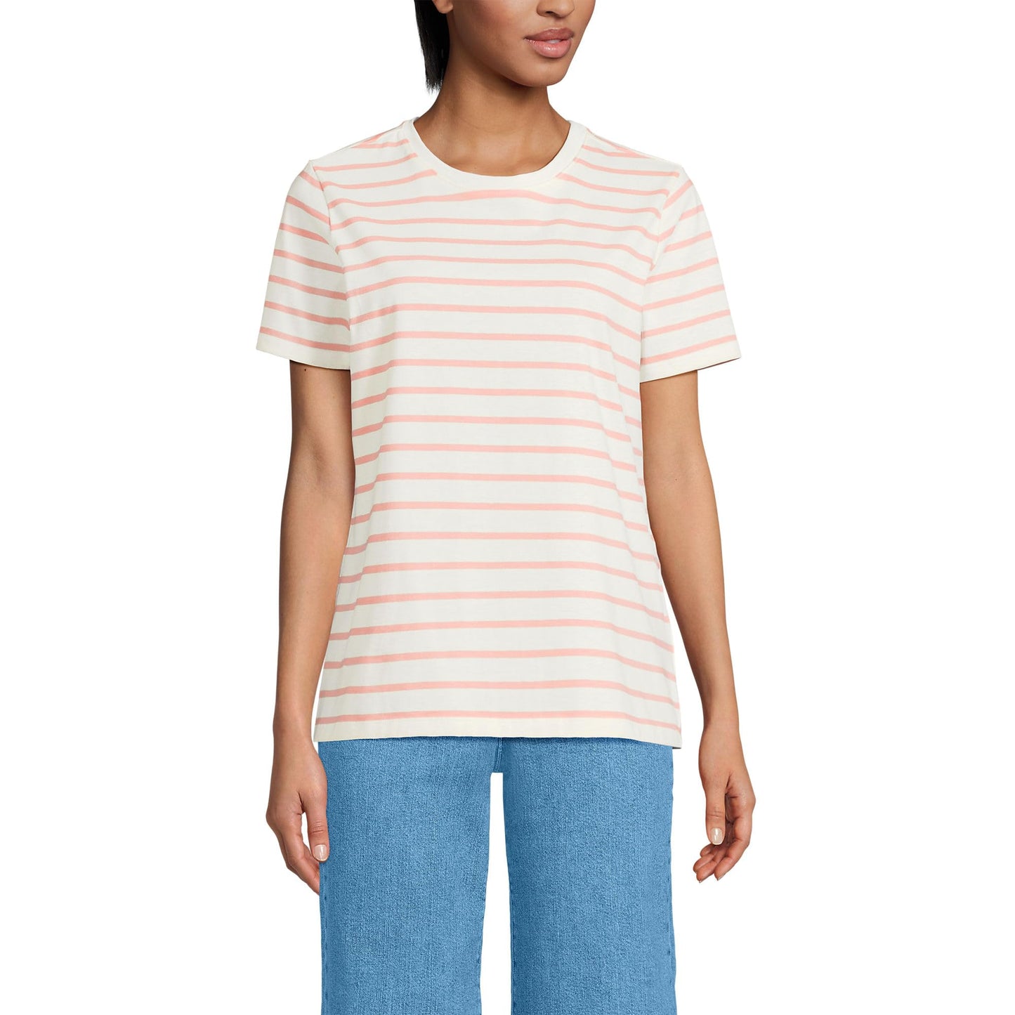 Lands' End Womens Short Sleeve Relaxed Supima Cotton Crew Neck T Shirt Ivory/Peach Breton Stripe Tall Large