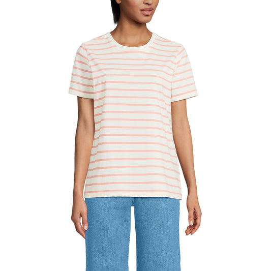 Lands' End Womens Short Sleeve Relaxed Supima Cotton Crew Neck T Shirt Ivory/Peach Breton Stripe Tall Large