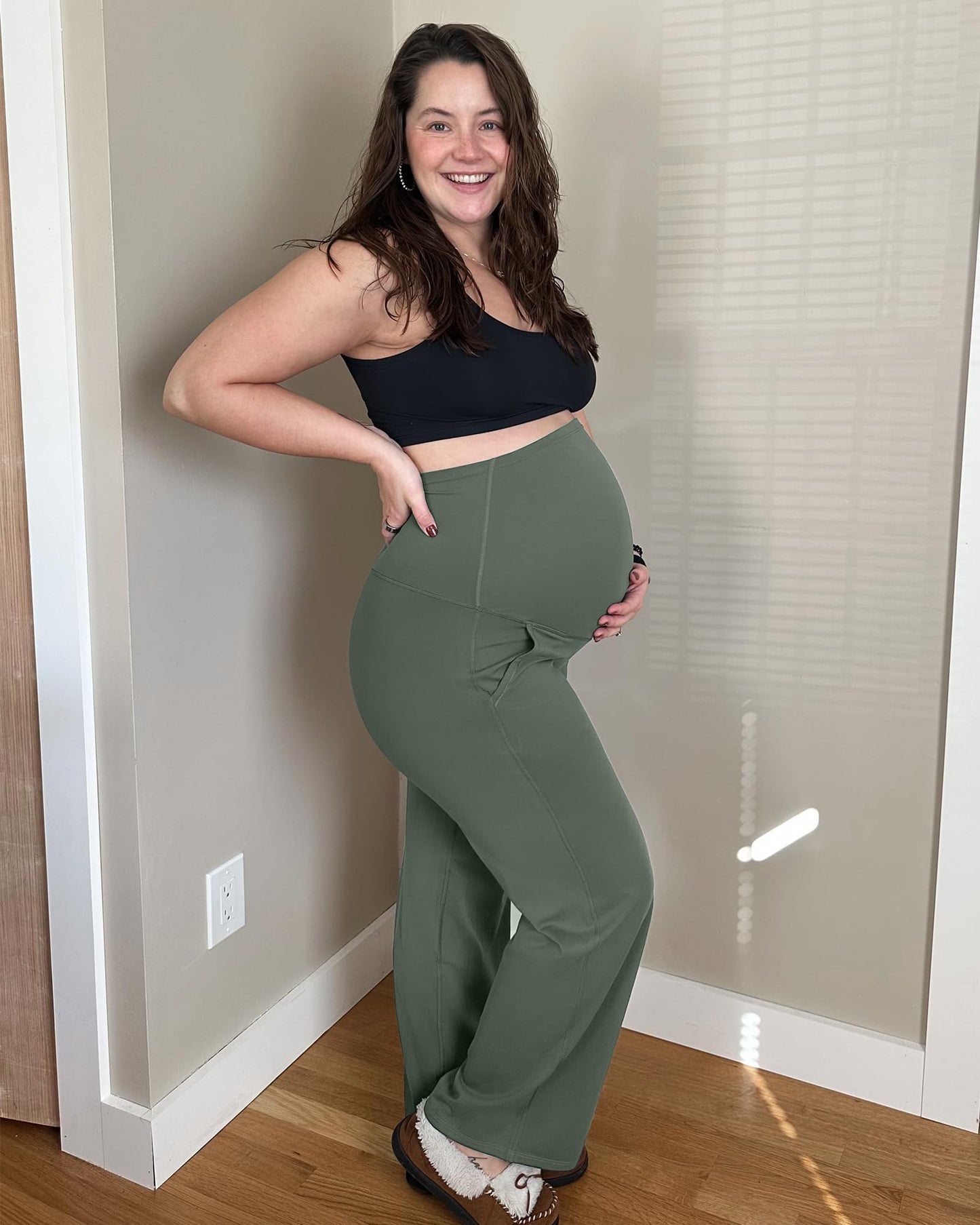 G4Free Maternity Activewear Over The Belly Straight Yoga Pants with Pockets Lightweight Maternity Pants (Gray Sage,XL,32")