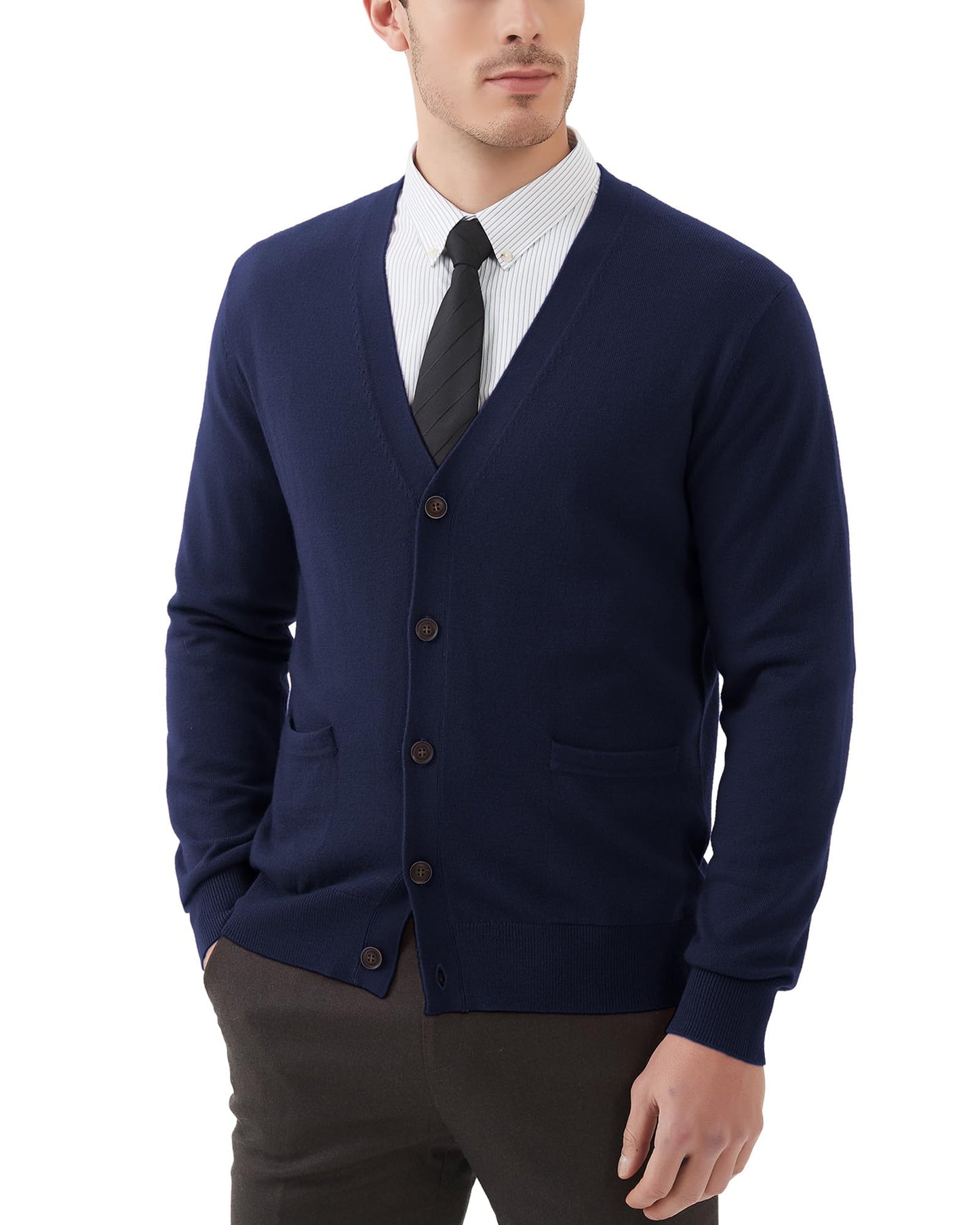 Kallspin Men's Tall Cardigan Sweaters Wool Blend V Neck Button Down Sweaters with Pockets(Navy Blue, XL-Tall)