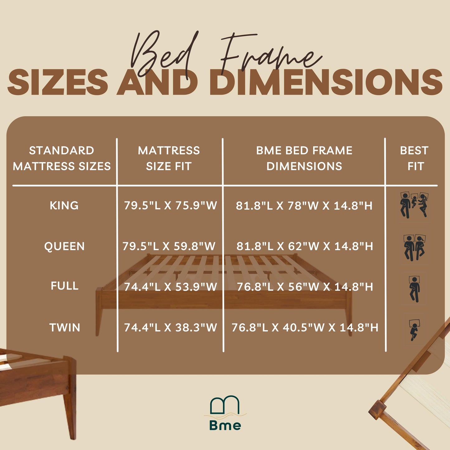 Bme Dinkee King Bed Frame Wood 15 Inch - Solid Wood Platform Bed Frame - Japanese Joinery Bed - Modern & Minimalist Style - Wood Slat Support - Easy Assembly - No Box Spring Needed - Caramel