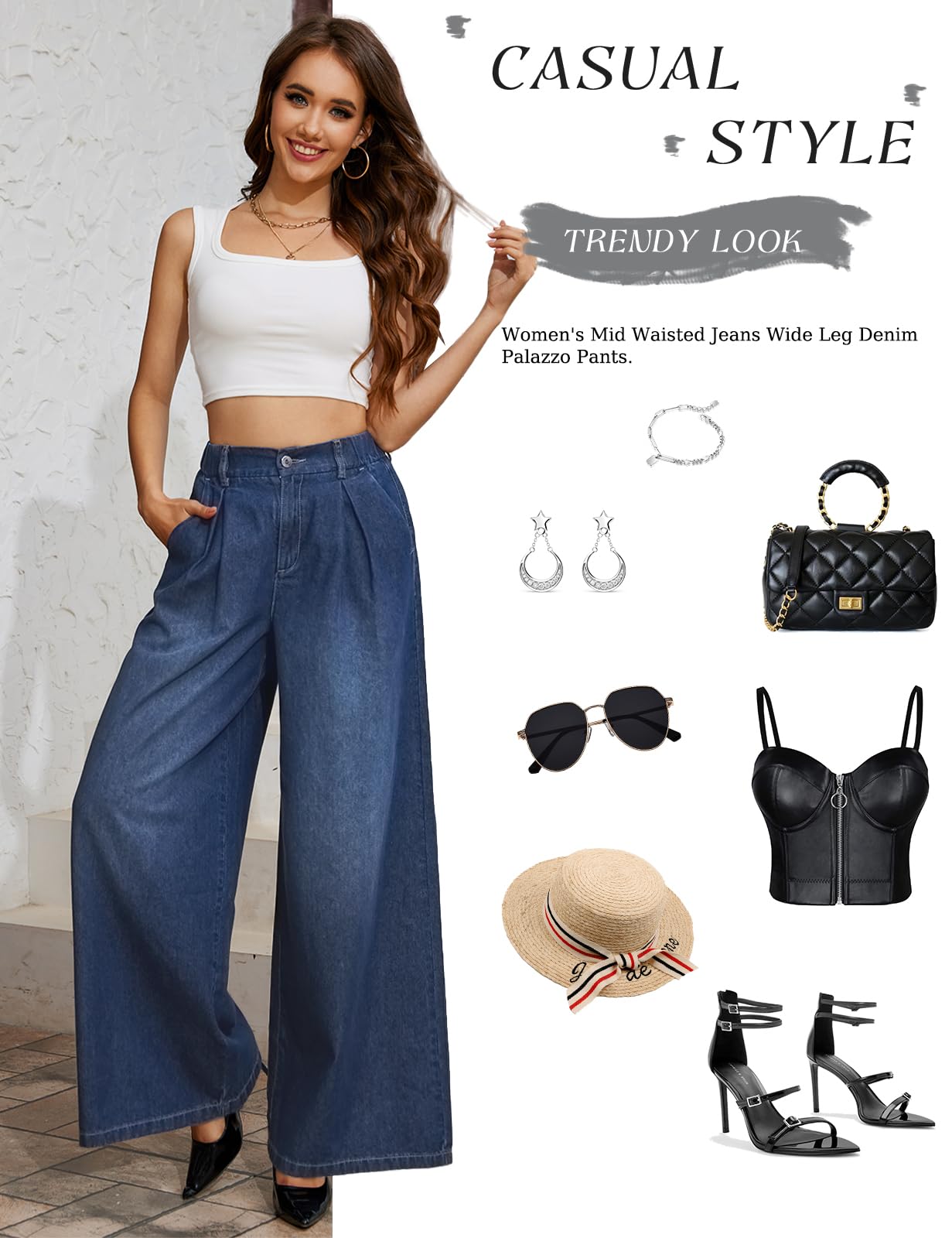 Tapata Women's 33" Inseam Tall Wide Leg Jeans High Waisted Baggy Denim Pants Palazzo Trousers, Dark Blue, M