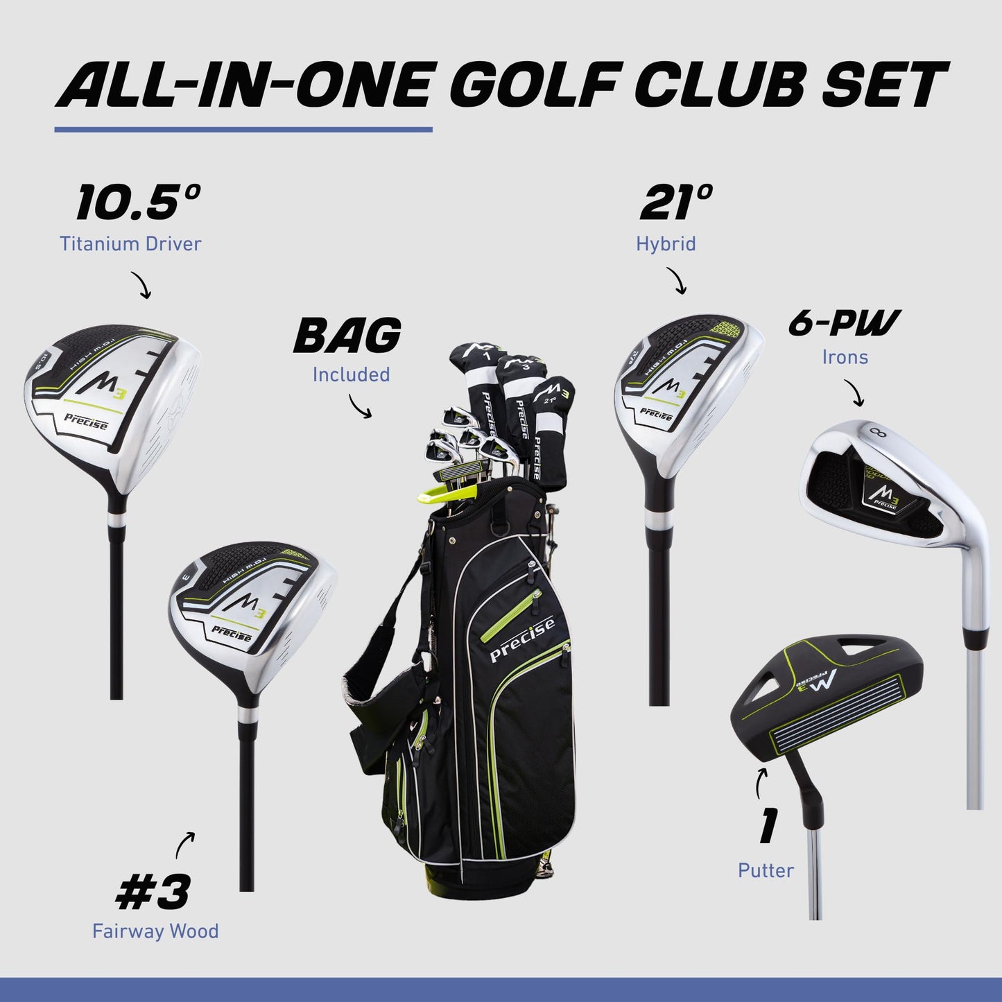 Precise M3 Men’s 14-Piece Golf Set – Ti-Alloy Driver, Wood, Hybrid, 6-PW Irons, Putter, Stand Bag, 3 Headcovers and Cover – RH, Petite/Reg/Tall