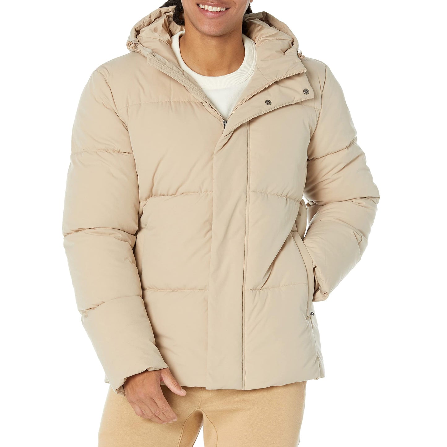 Amazon Essentials Men's Mid-Length Hooded Puffer Coat (Available in Big & Tall), Tan, 6X-Large Big Tall