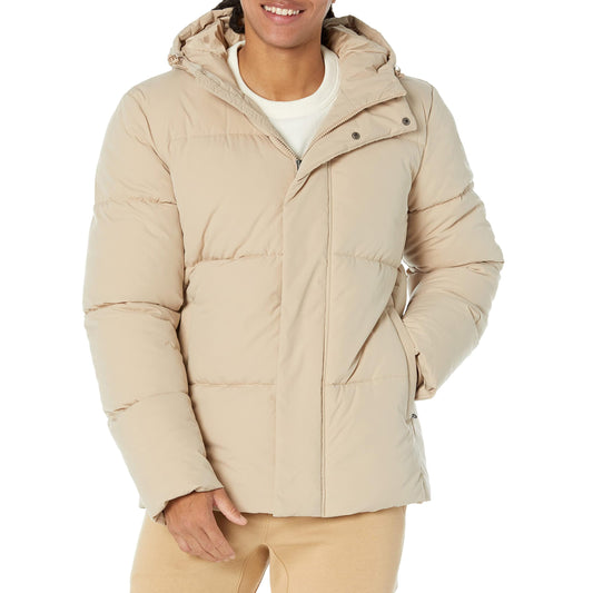 Amazon Essentials Men's Mid-Length Hooded Puffer Coat (Available in Big & Tall), Tan, 6X-Large Big Tall