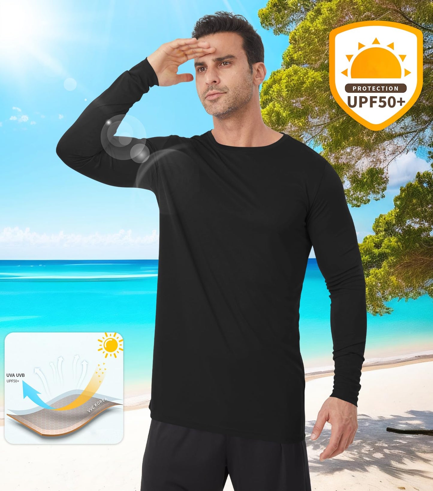 Men's Tall Rash Guard Long Sleeve T Shirts - UPF 50+ Sun Protection Tee Shirt for Fishing, Swim, Hiking Black