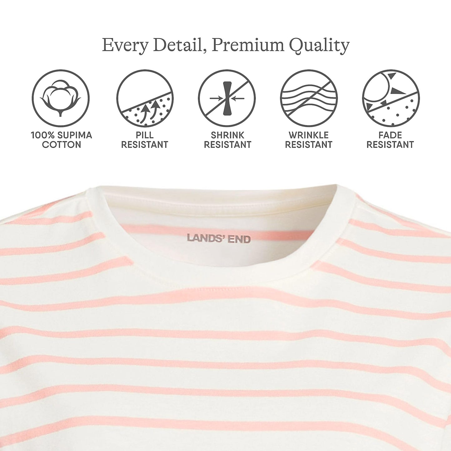 Lands' End Womens Short Sleeve Relaxed Supima Cotton Crew Neck T Shirt Ivory/Peach Breton Stripe Tall Large