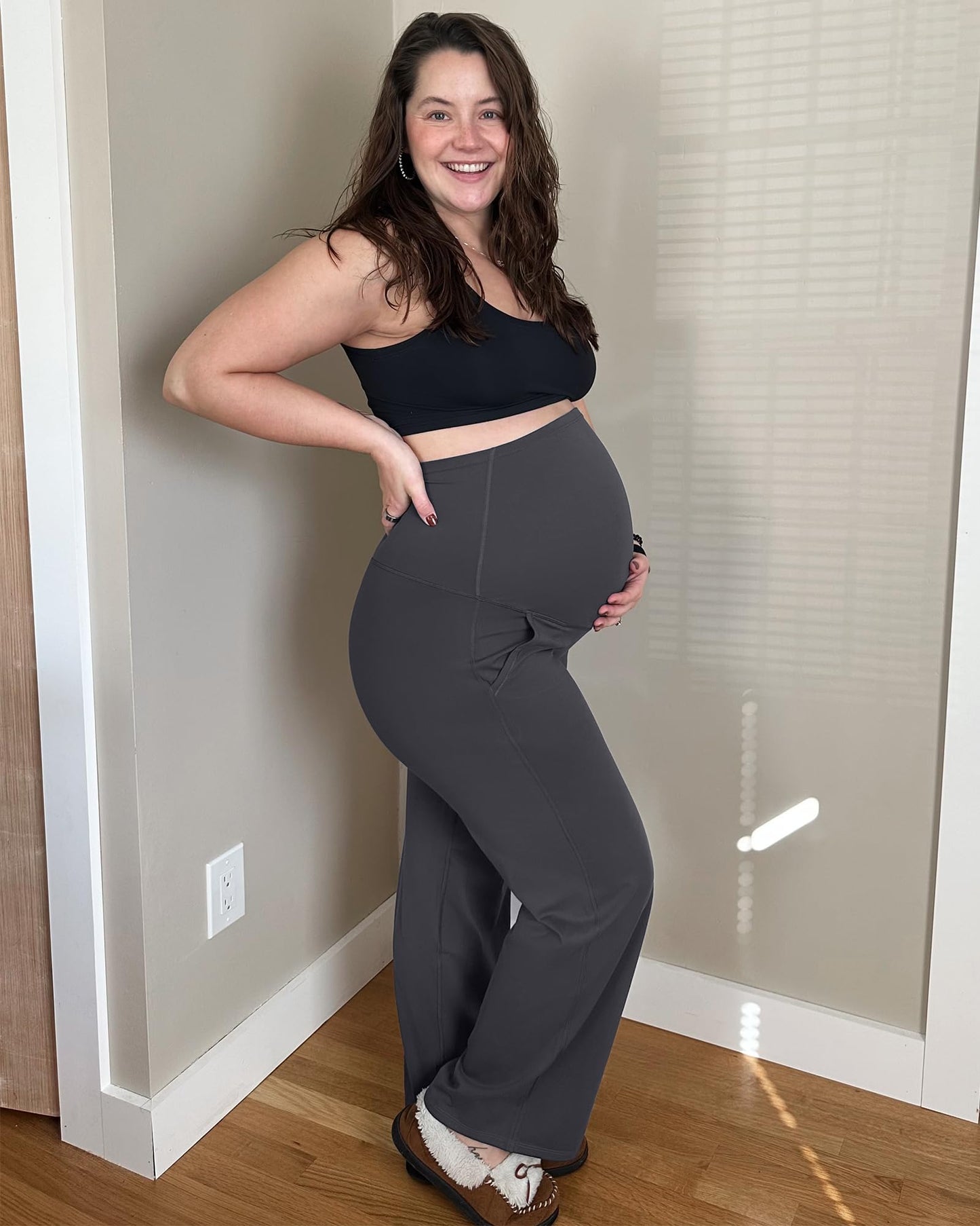 G4Free Women's Maternity Pants Casual Loose Wide Leg Cozy Pant Pregnancy Clothes Yoga Dress Work Trousers with Pockets (Dark Gray,XL,32")
