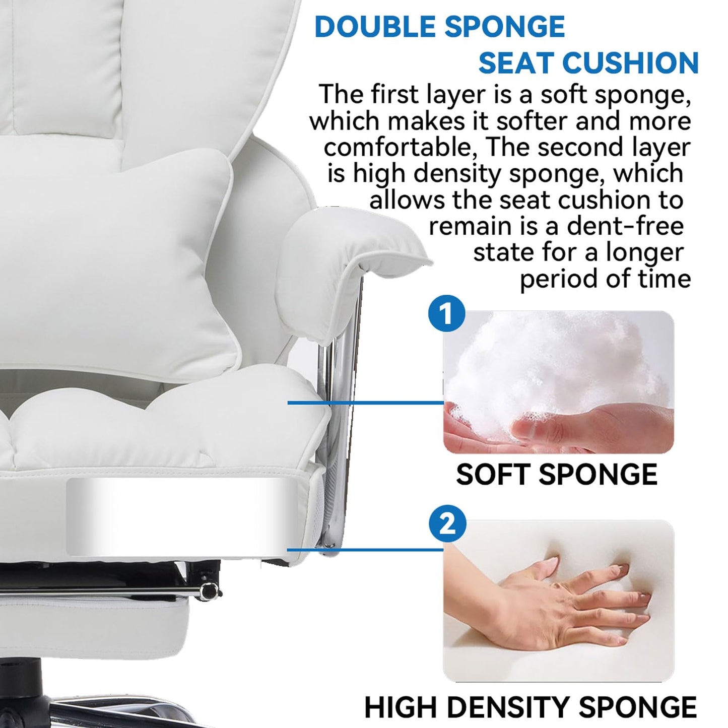 Efomao Big and Tall Office Chair 400lbs – High Back PU Leather Executive Chair with Lumbar Support, Footrest, Swivel Base, Padded Armrests, and Rolling Wheels for Home Office, White Computer Chair