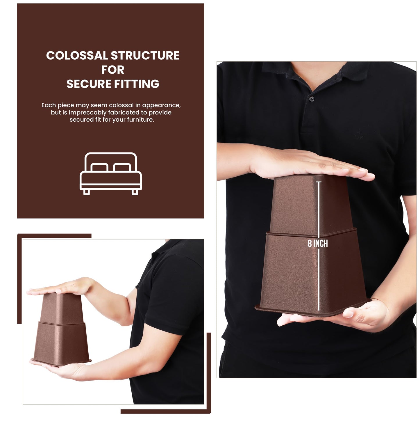 Utopia Bedding Adjustable Bed Furniture Risers - Elevation in Heights 3, 5 or 8 Inch Heavy Duty Risers for Beds - Supports up to 1,300 lbs - (Set of 4 Riser, Reddish Brown)