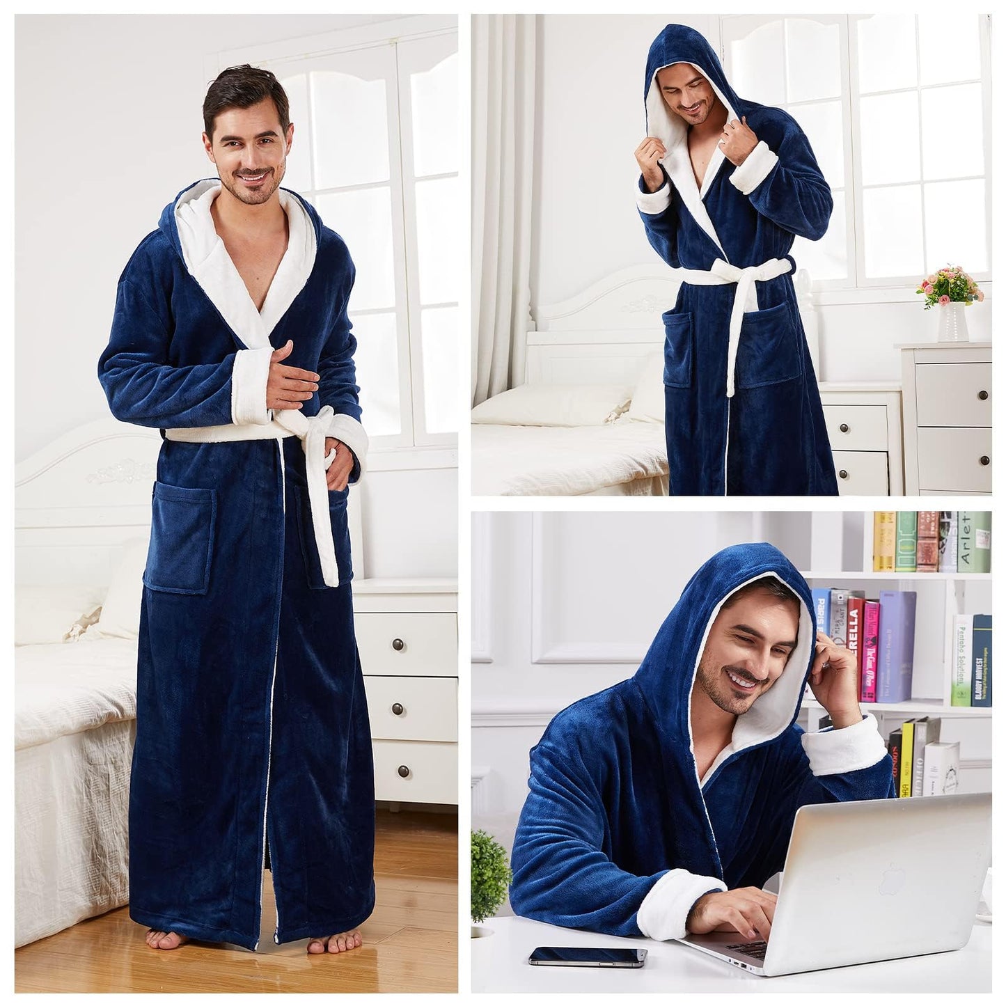 FashGudim Mens Robes Big and Tall with Hood Two-Tone Flannel Fleece Contrast Bathrobe Full Length Plush Long Robe Warm House Coat (Navy & White, L/XL)