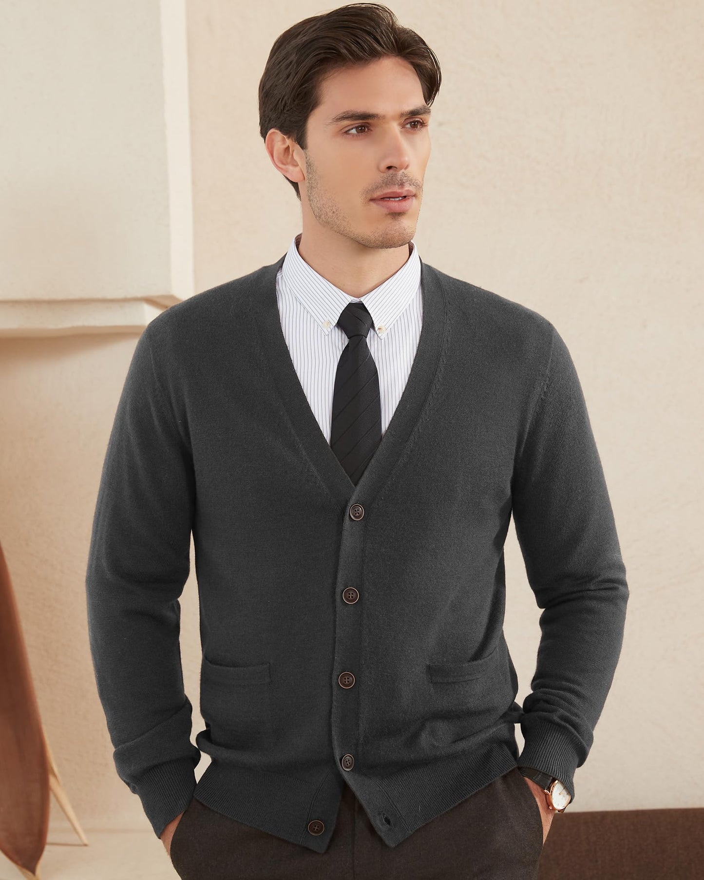 Kallspin Men's Tall Cardigan Sweaters Wool Blend V Neck Button Down Sweaters with Pockets(Charcoal, 3XL-Tall)