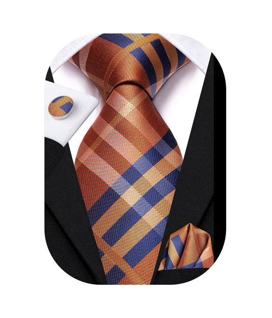Hi-Tie 70''Navy Brown Tie Silk Extra Long Ties for Men XL Men's Ties Set Necktie and Pocket Square Cufflinks for Wedding