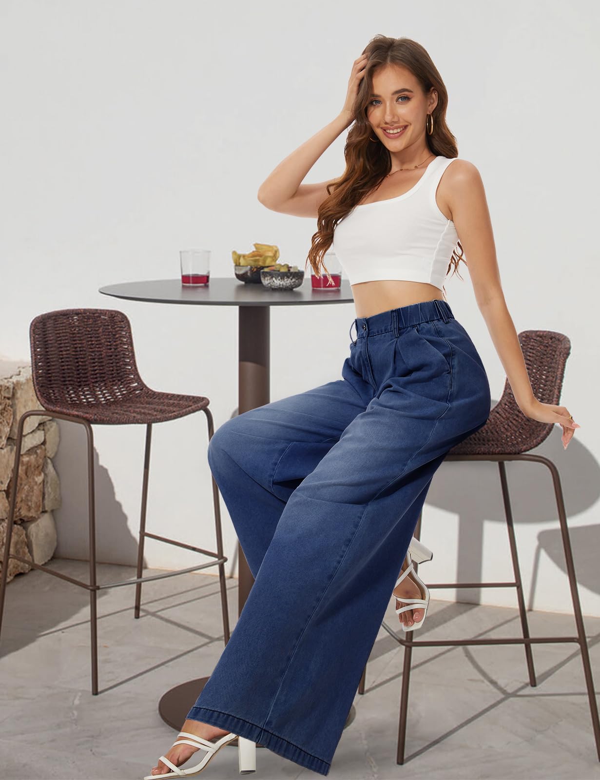 Tapata Women's 33" Inseam Tall Wide Leg Jeans High Waisted Baggy Denim Pants Palazzo Trousers, Dark Blue, M