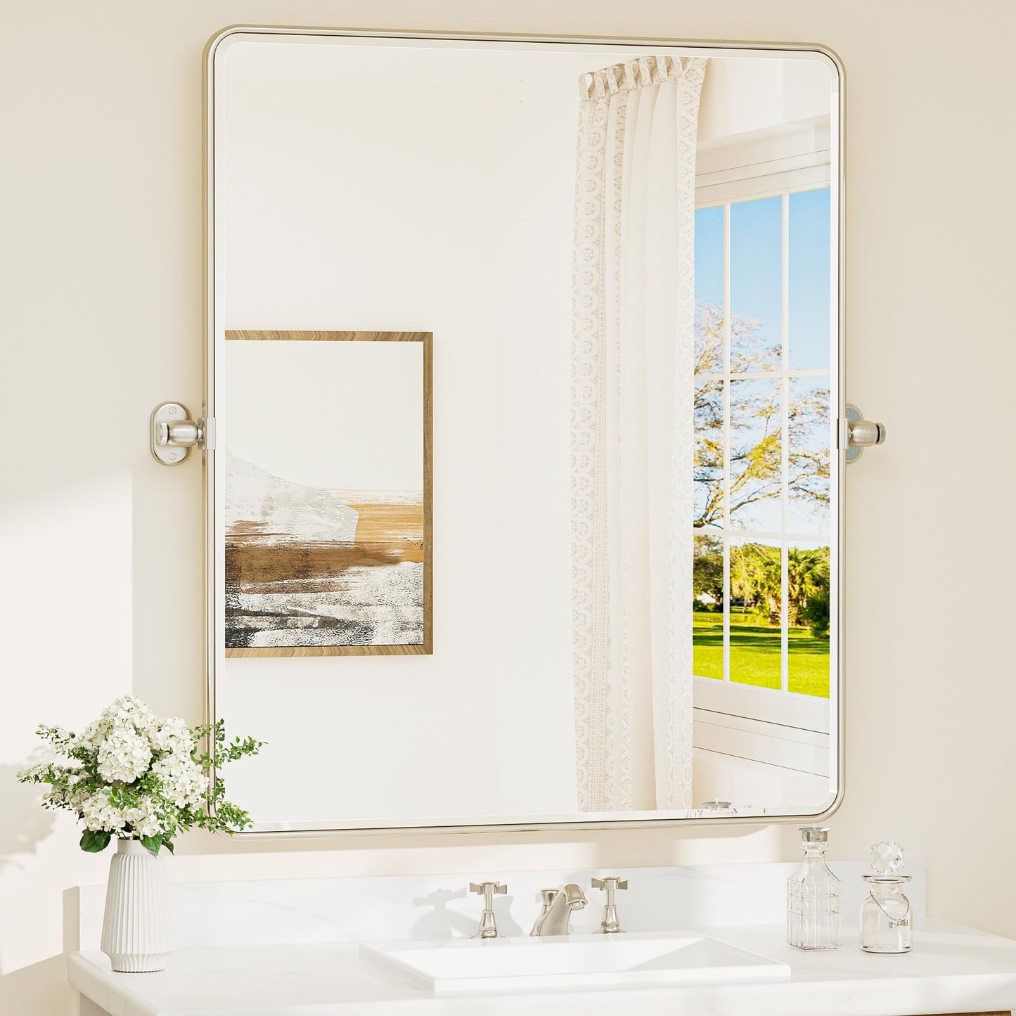 TETOTE Pivot Bathroom Mirror Brushed Nickel 30 x 36 Tilting Beveled Rectangle Metal Framed Mirror, Farmhouse Adjustable Tilt Rounded Corner Vanity Mirror, Horizontal/Vertical, Easy to Install