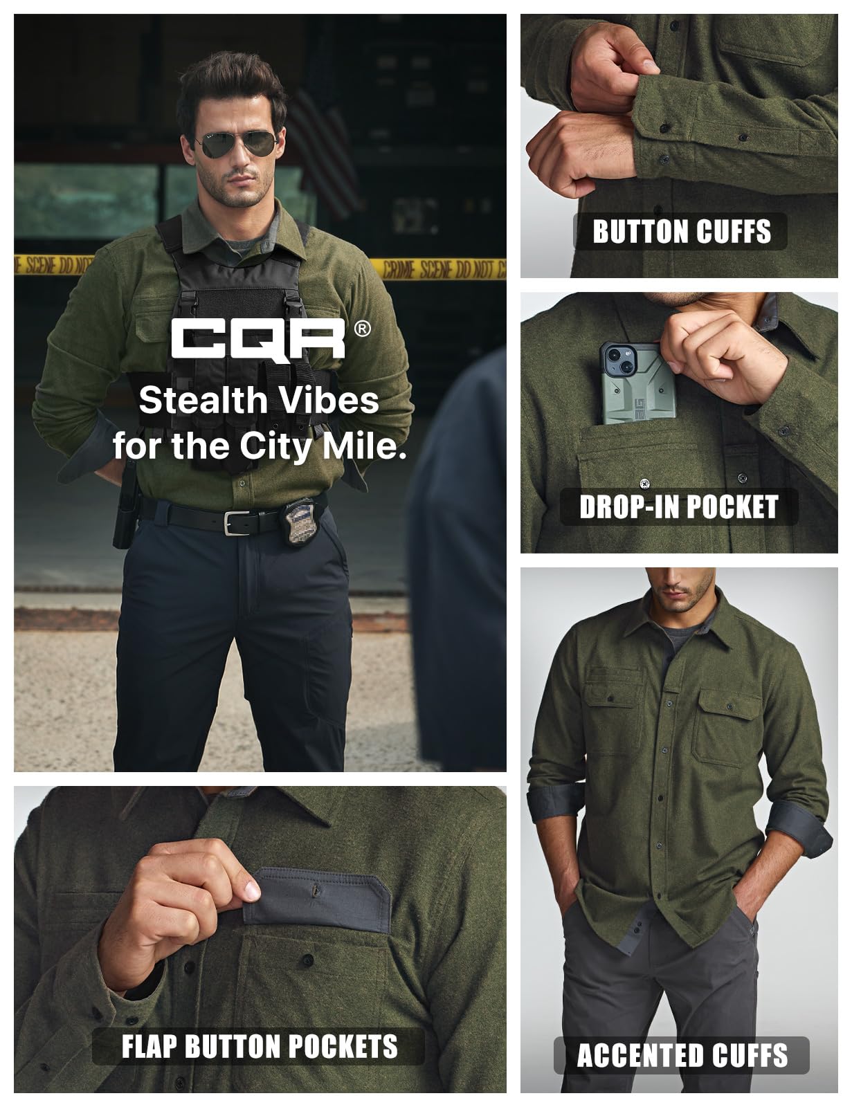 CQR Men's Flannel Button Down Shirts, Soft Cotton Plaid Long Sleeve Tactical Work Shirt, Warm Outdoor Essential with Pocket, Stealth Hunter Green, 3X-Large Tall