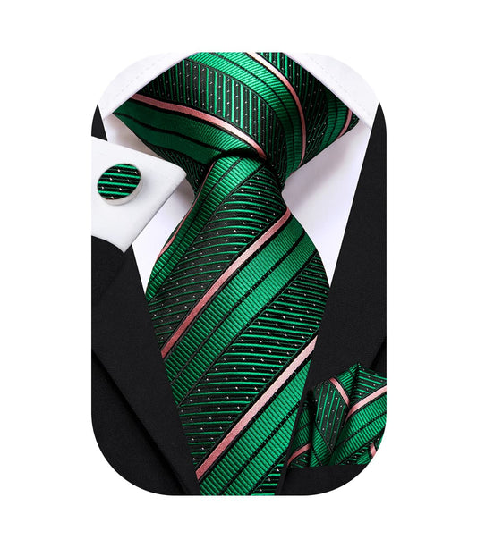 Hi-Tie Green and Pink Ties for Men 70'' Men's Extra Long Ties Set Silk Necktie and Pocket Square Cufflinks for Wedding