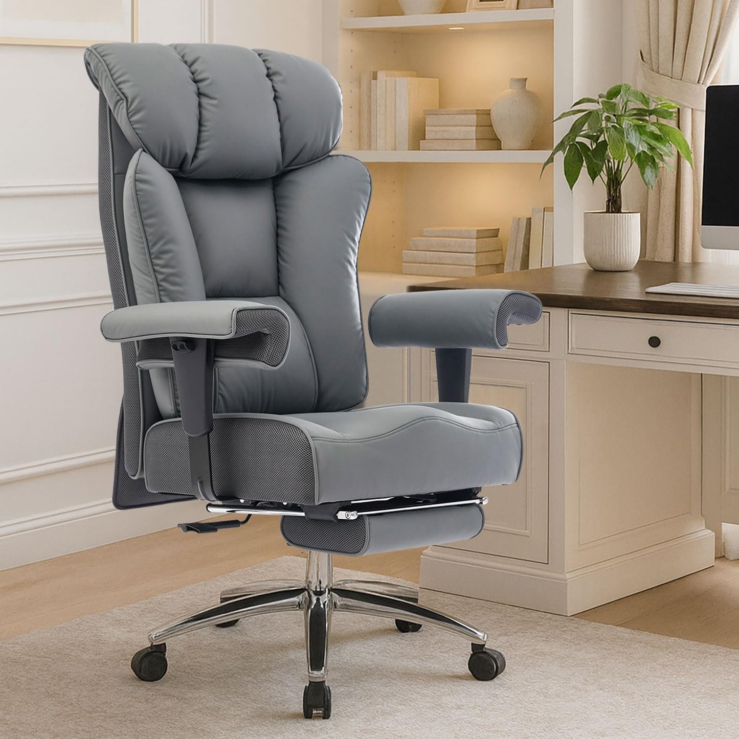 Efomao Big and Tall Office Chair 450LBS with Foot Rest, High Back PU Leather Executive Chair with Adjustable Padded Armrests, Lumbar Support for Home or Work, Heavy Duty Computer Chair, Grey
