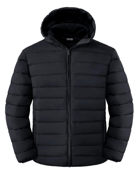 wantdo Men's Big and Tall Puffy Jacket Short Bubble Coat Packable Puffer Jacket with Hood Black 3X-Large Tall
